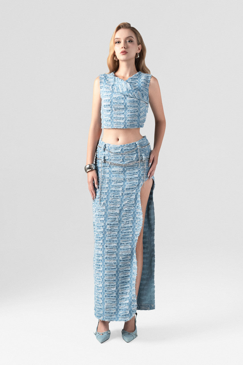 Experimental Sleeveless Top and Thigh High Slit Skirt Set