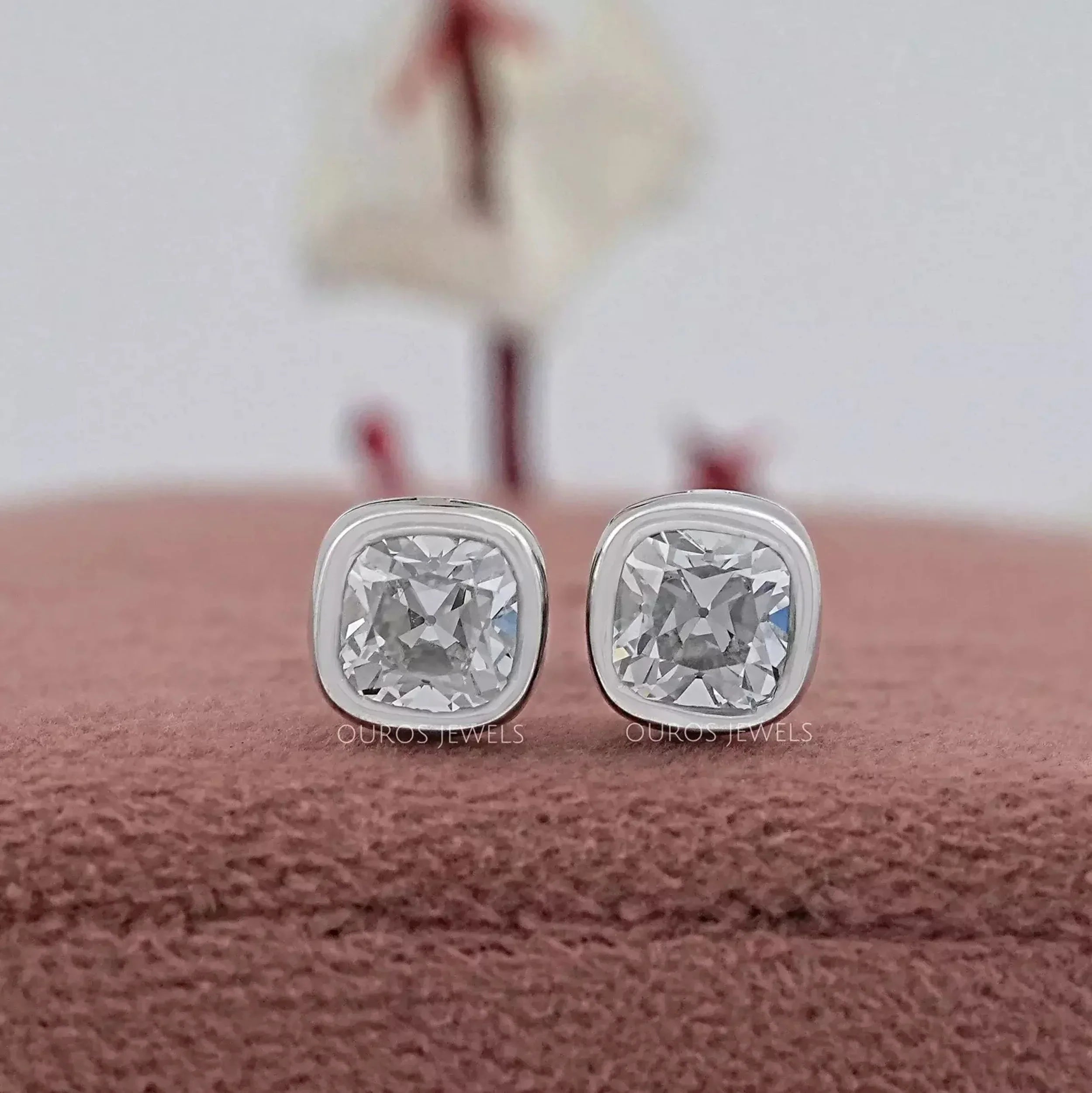 Square Old Mine Cushion Diamond Bezel Stud Earrings