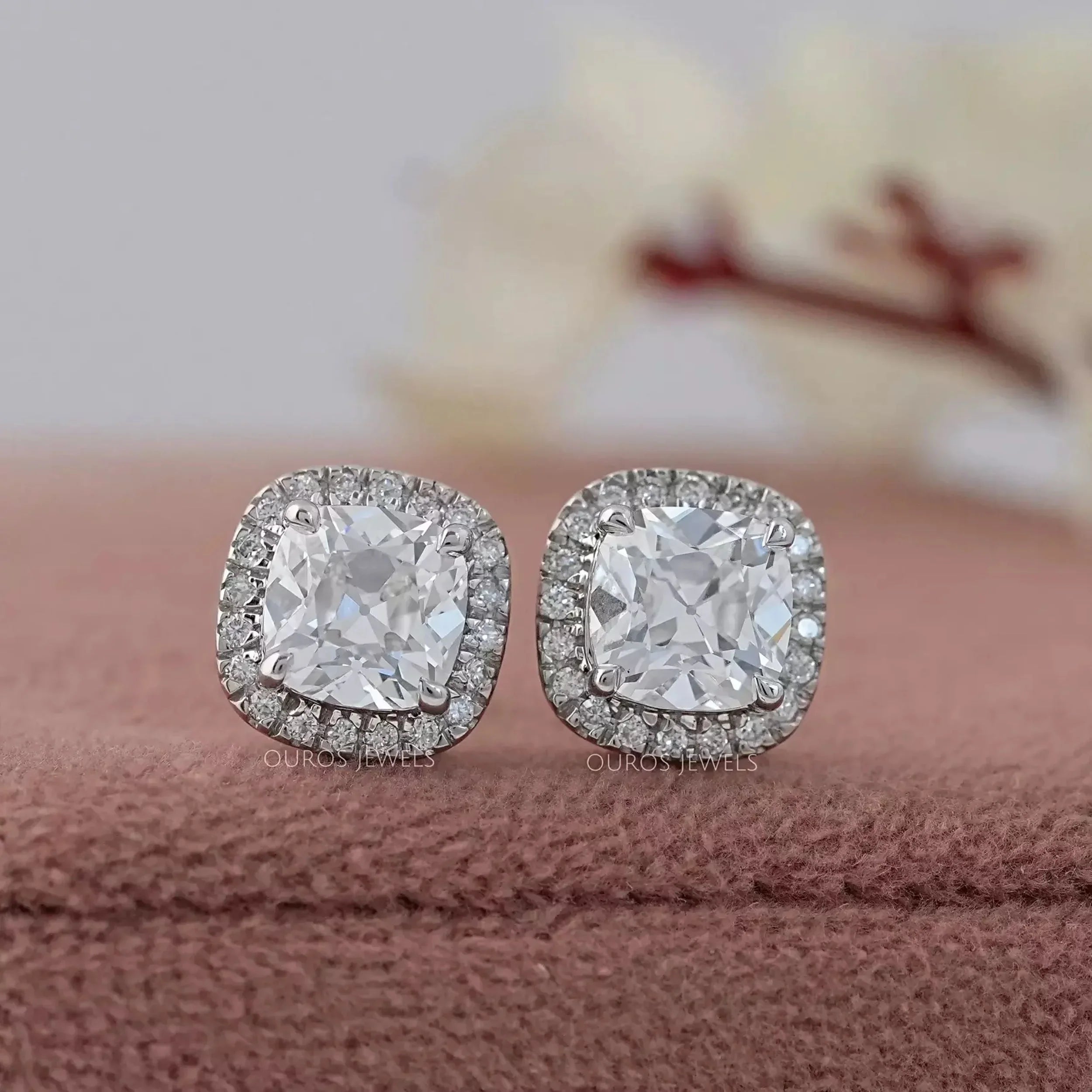 Square Old Mine Cushion Diamond Halo Stud Earrings