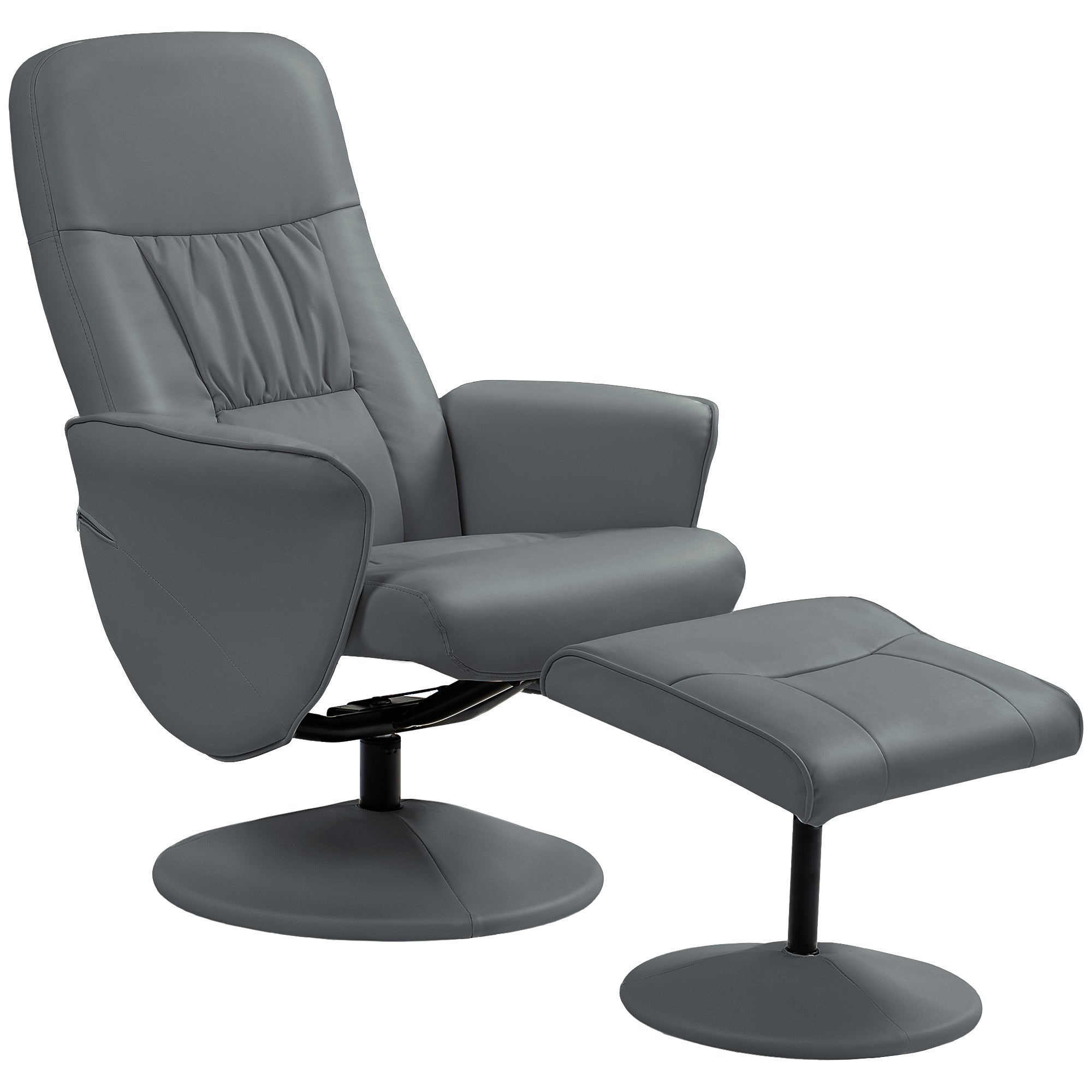 Swivel PU Leather Recliner Chair with Footstool, High Back and Round Base, Grey
