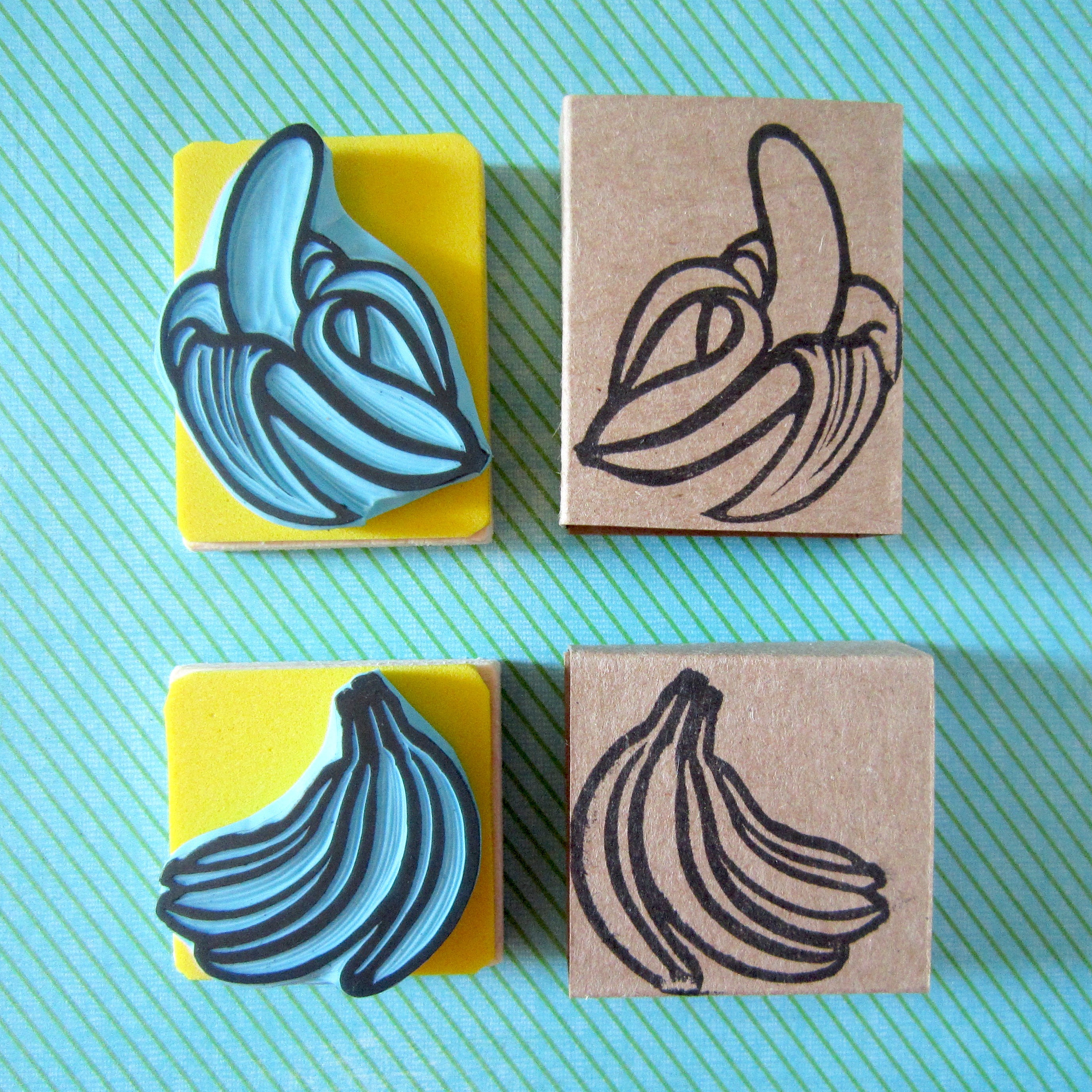 Banana rubber stamps, peeled banana and a banana bunch