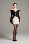 Stellar Black & White Long Sleeves Bow Embellished Mini Dress