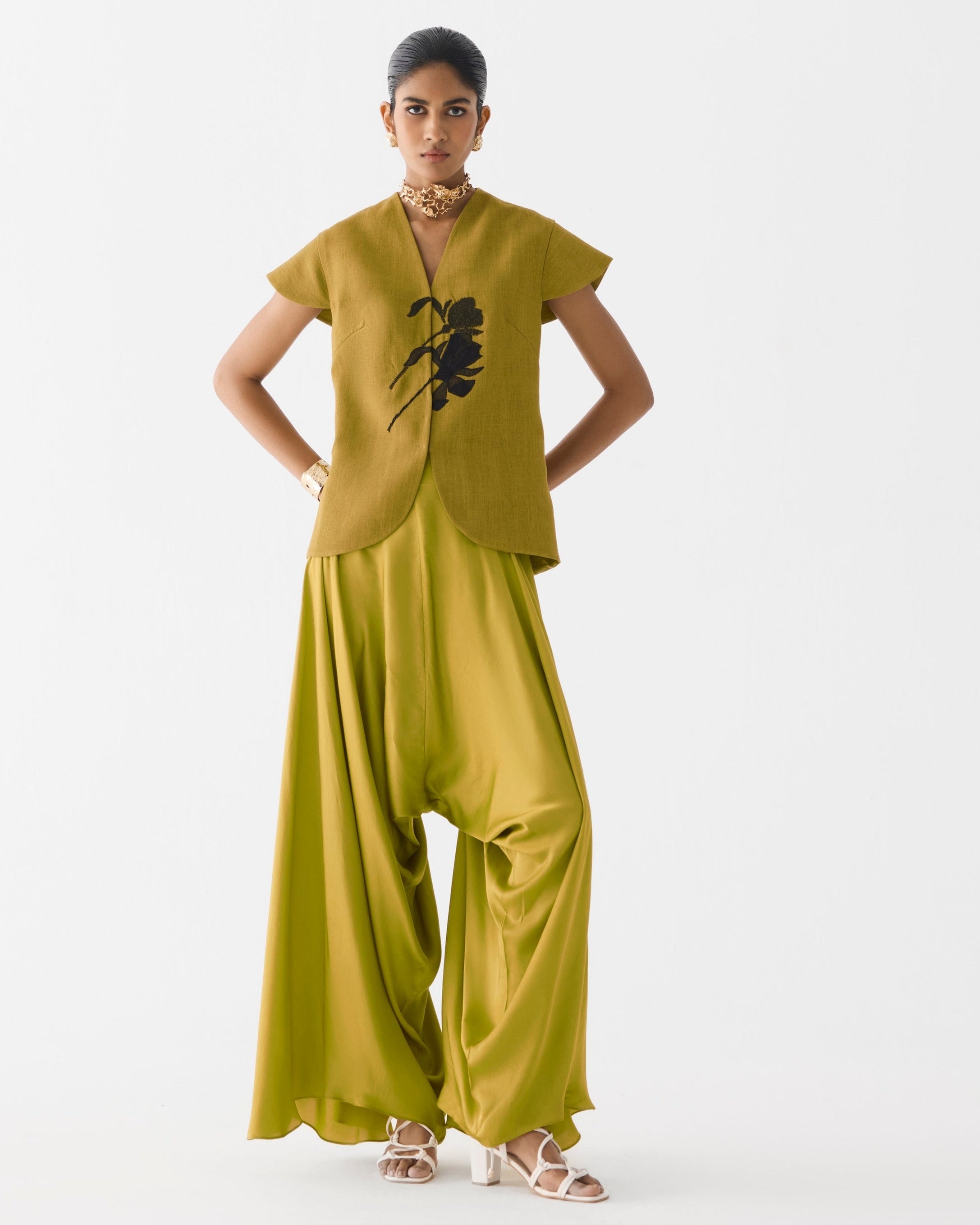 Olive Green & Black Tiger Lily Waistcoat & Dhoti Pants By KYNAH, Luxury Indian Fashion & Bridal Wear