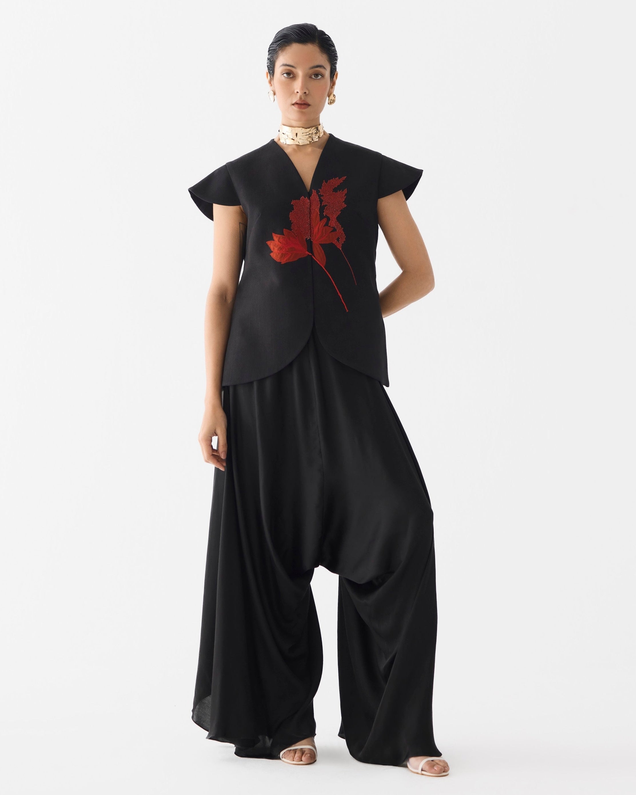 Red Tiger Lily Waistcoat & Dhoti Pants By KYNAH, Luxury Indian Fashion & Bridal Wear