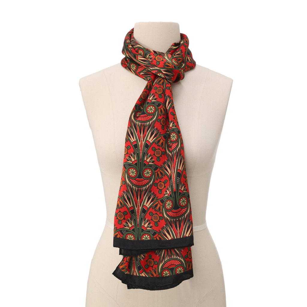 Art Nouveau Red Silk Scarf with Green & Gold Flourishes Azteca