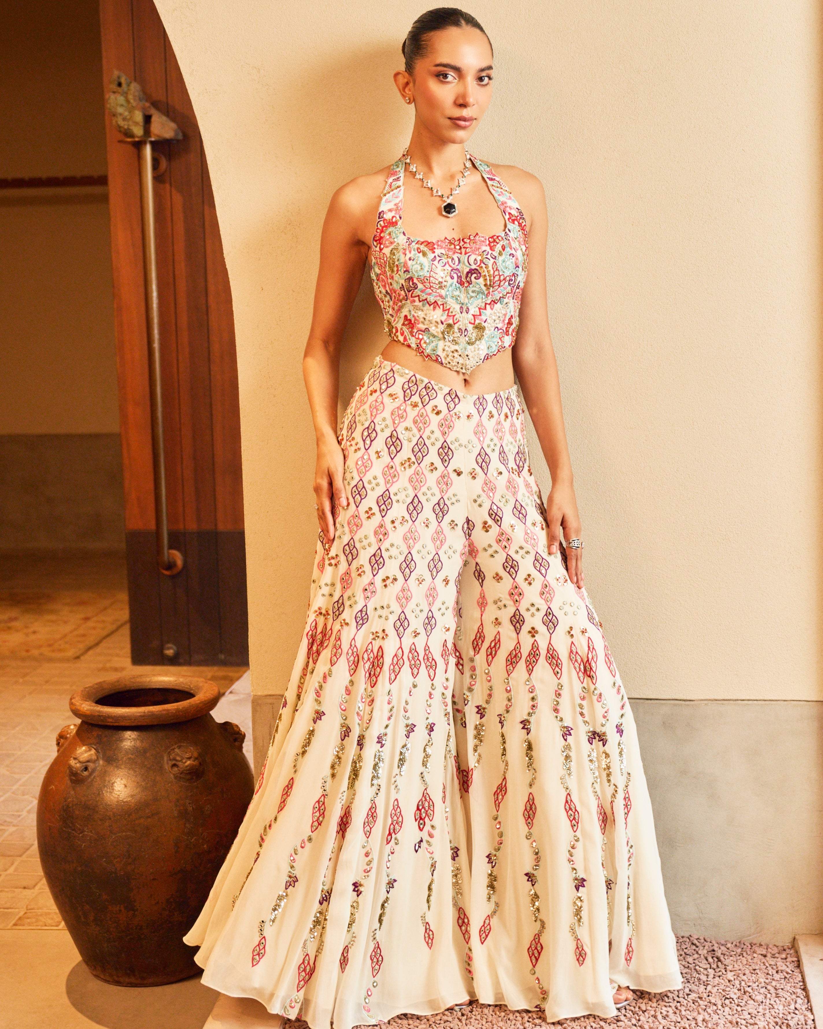 Azra Ivory High Waist Sharara Paired With A Corset Top By KYNAH, Luxury Indian Fashion & Bridal Wear