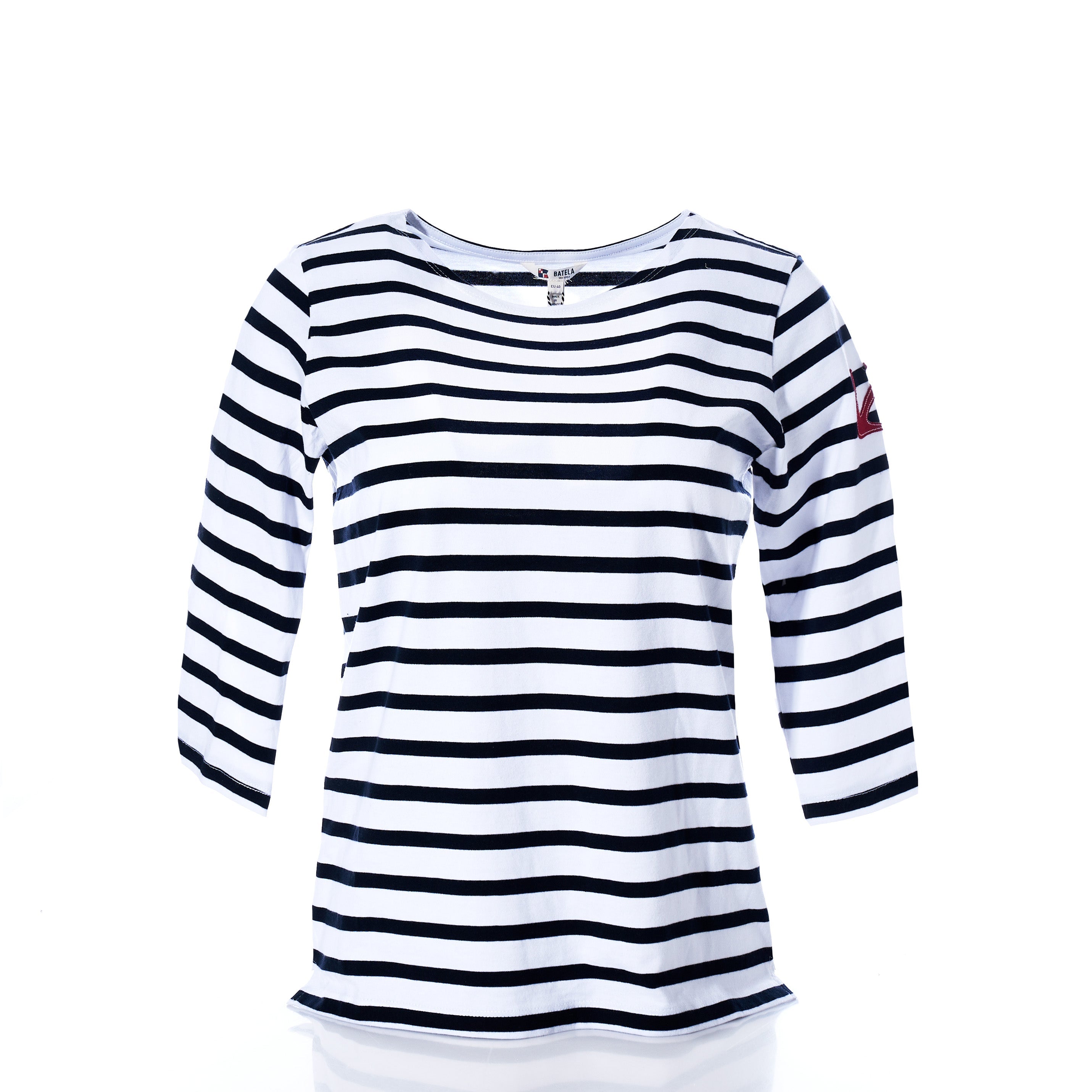 3/4 Sleeve Boatneck Top - Navy Breton Stripe & Red Anchor Handmade in Maine from Recycled Sails