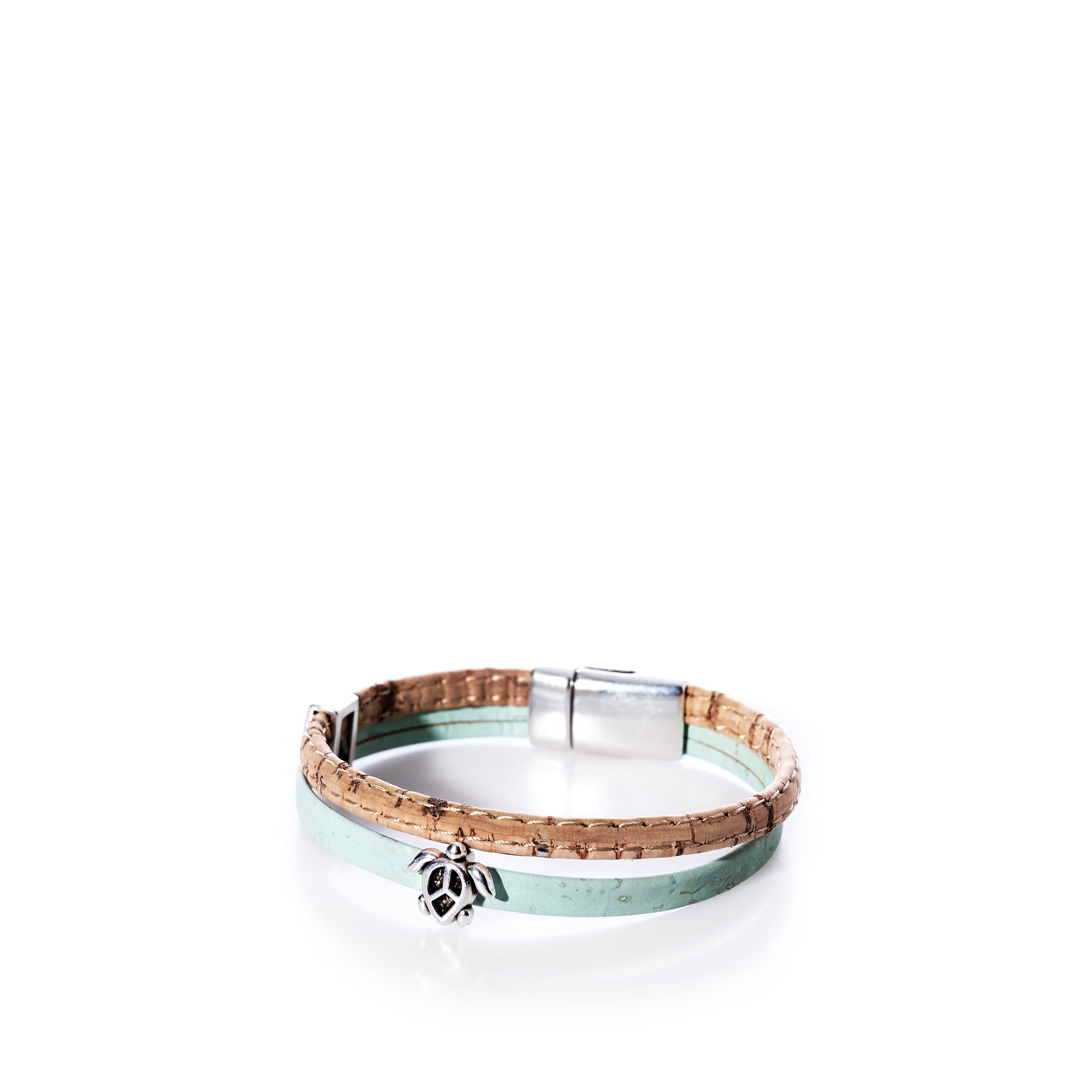 Classic Cork Bracelet Sea Turtle on Mint Green Handmade in Maine from Recycled Sails
