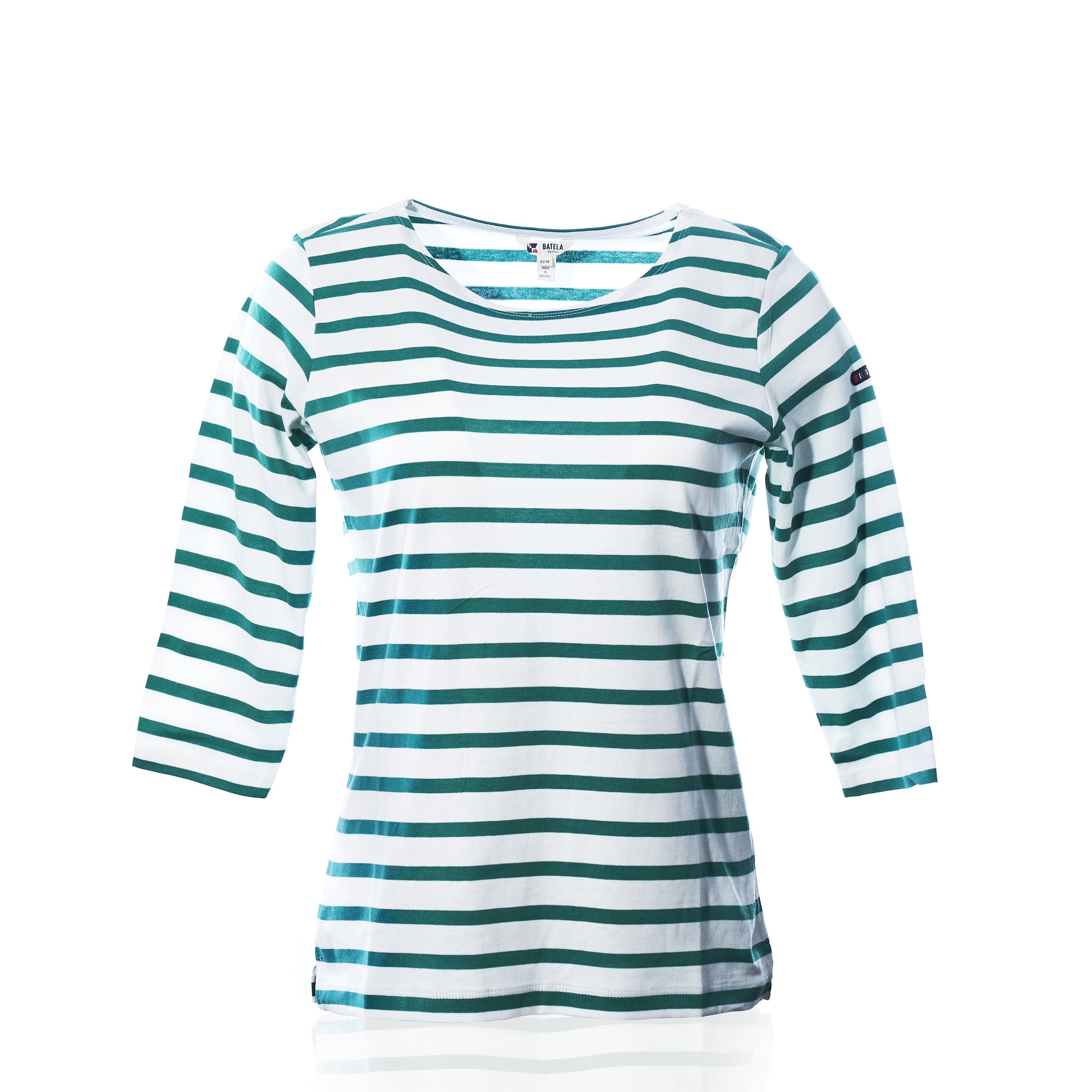 3/4 Sleeve Boatneck Top - Teal/Cream Handmade in Maine from Recycled Sails