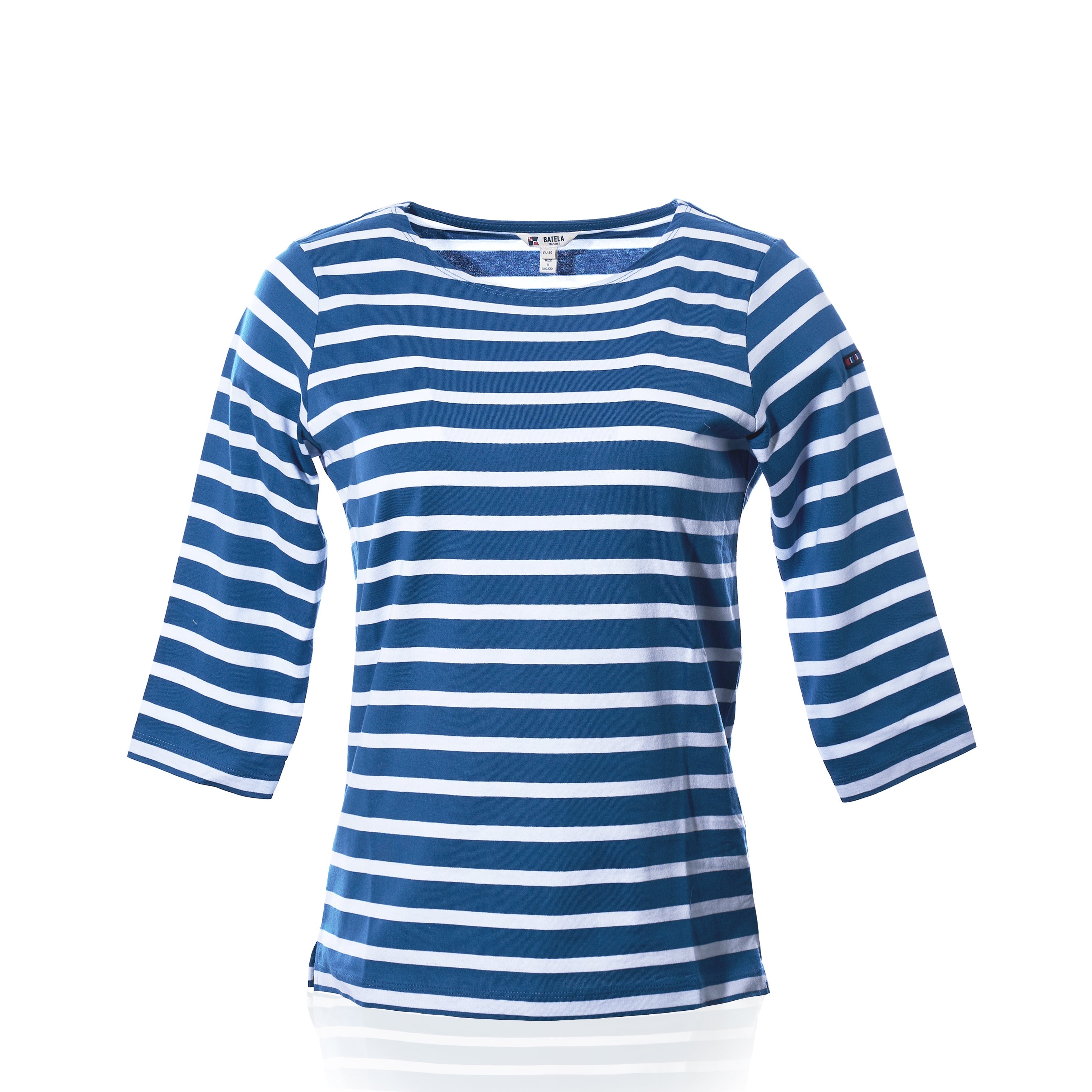 3/4 Sleeve Boatneck Top - High Tide/White Handmade in Maine from Recycled Sails