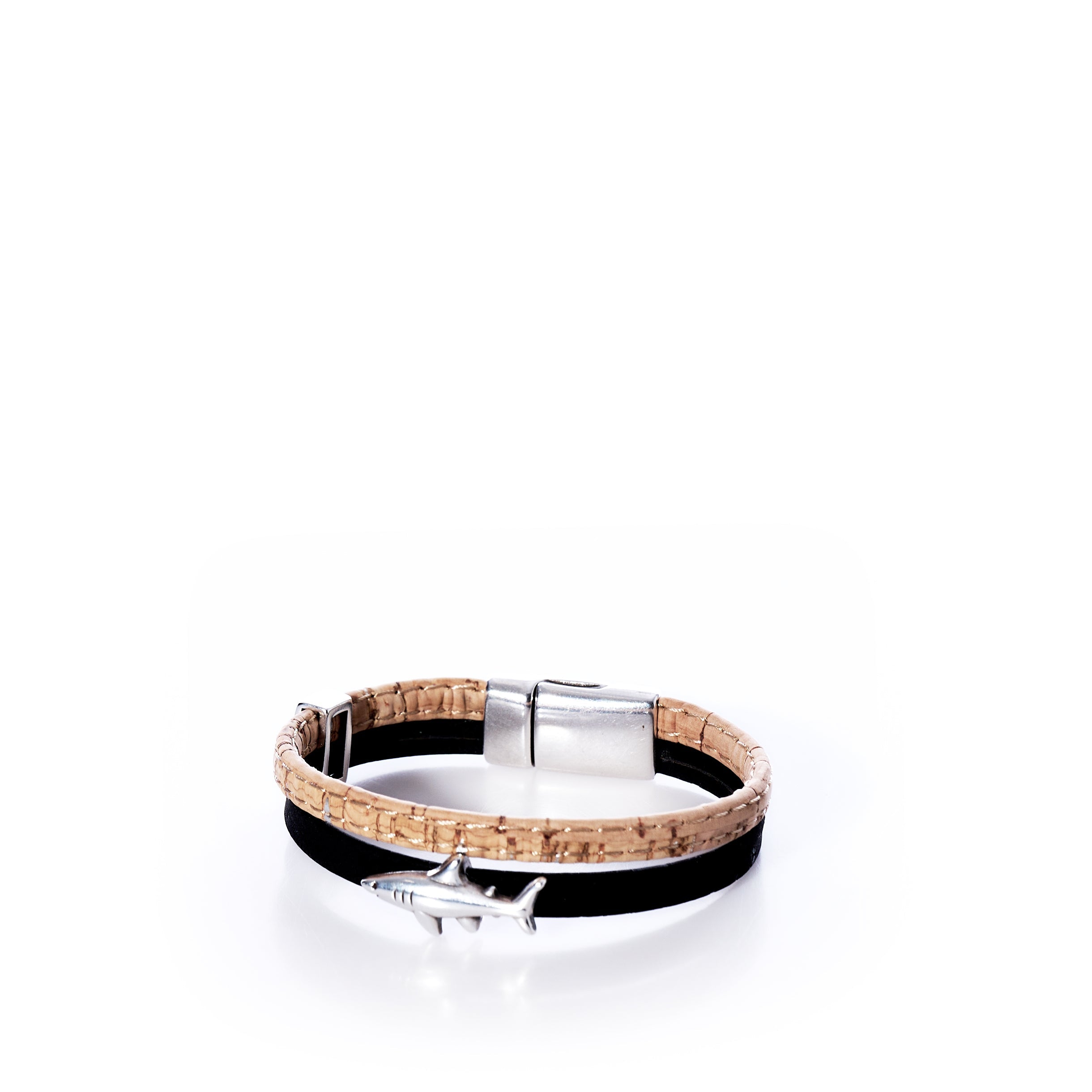 Classic Cork Bracelet - Shark on Black Handmade in Maine from Recycled Sails