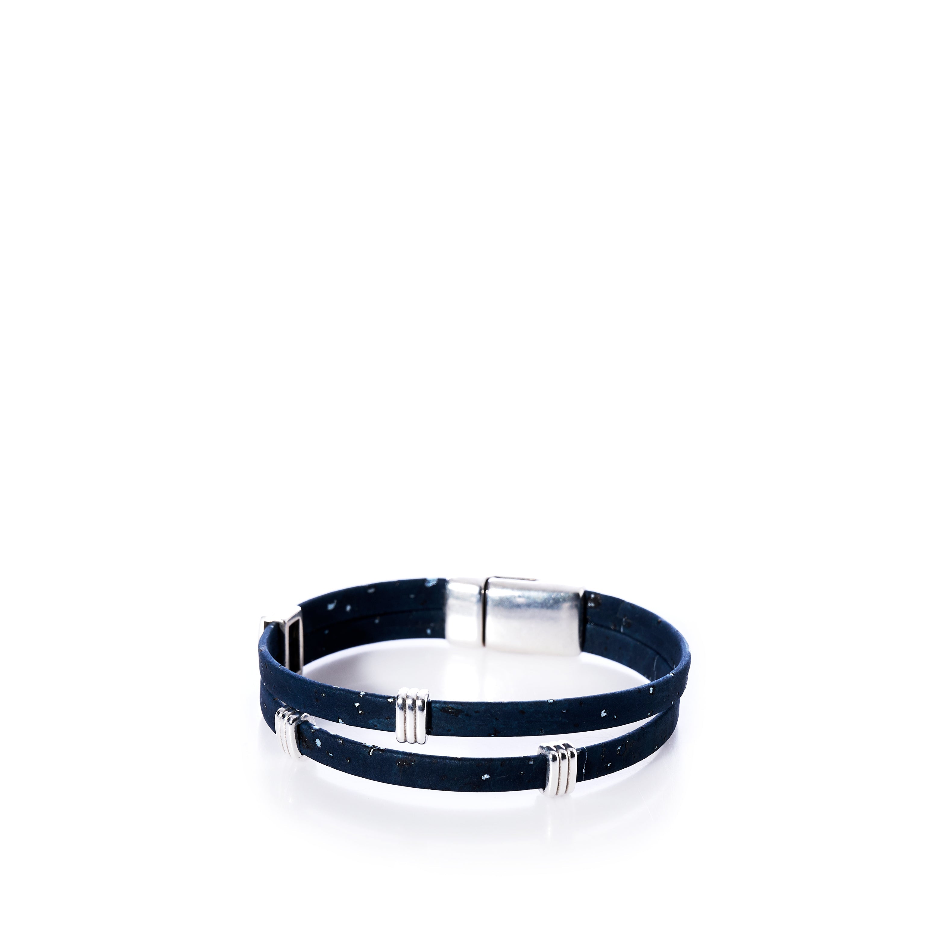 Classic Cork Bracelet - Stripe Bands on Navy Handmade in Maine from Recycled Sails