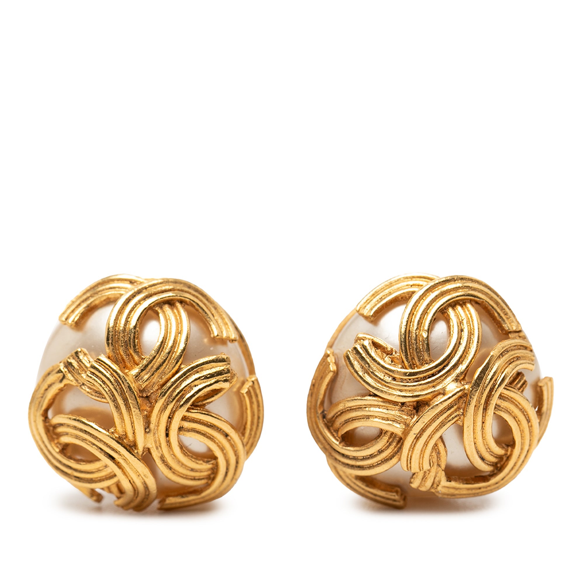 Gold Plated Triple CC Faux Pearl Clip On Earrings