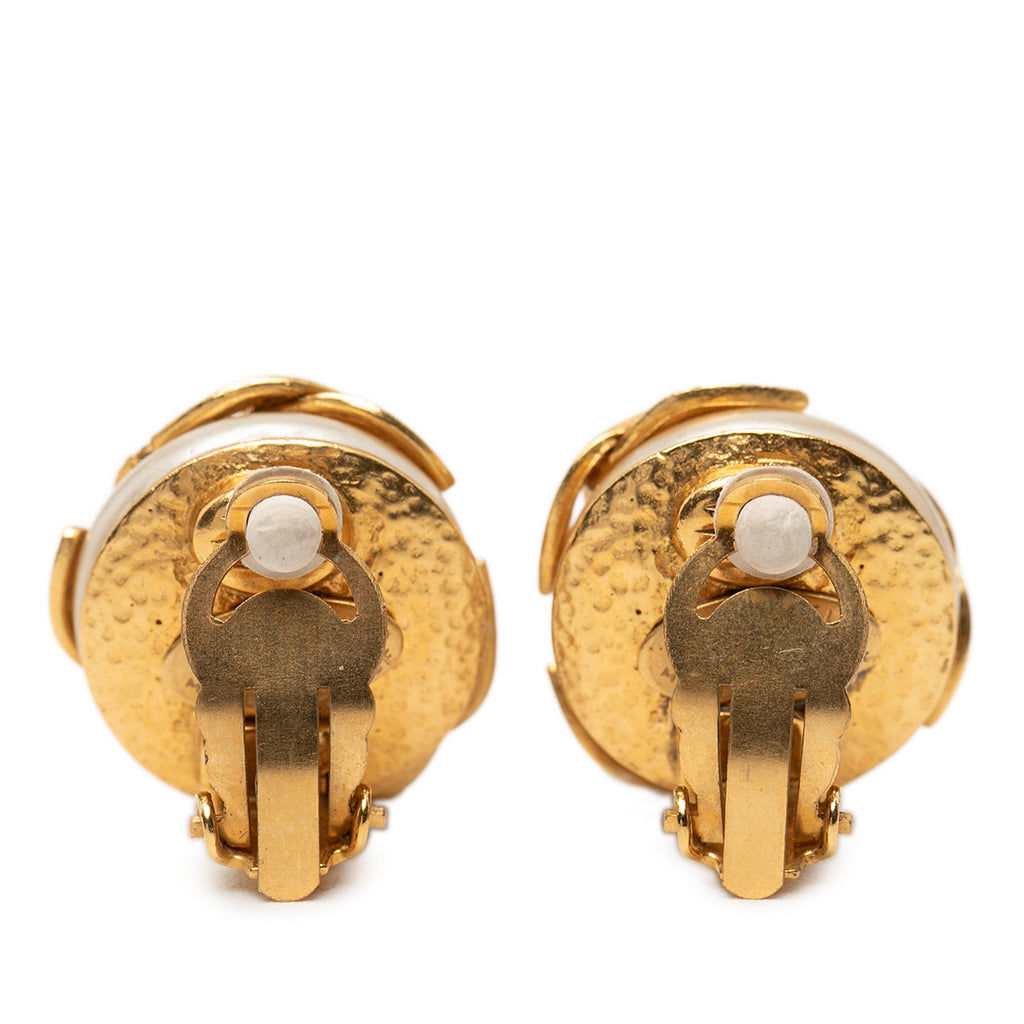 Gold Plated Triple CC Faux Pearl Clip On Earrings