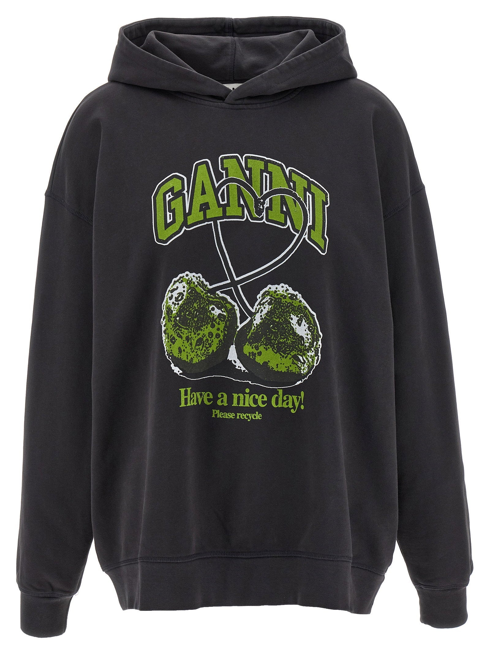Ganni Cherry-Print Cotton Jersey Hoodie — Black