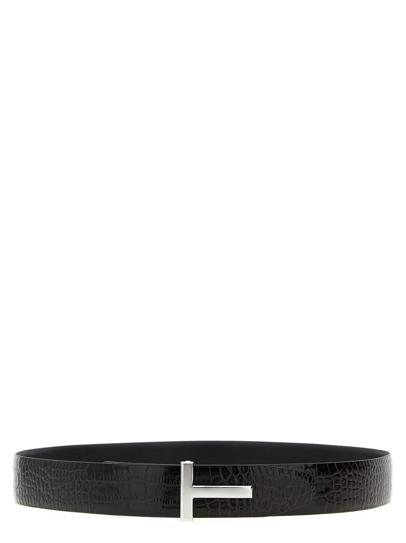 Tom Ford Reversible Crocodile-Print Leather Belt — Black