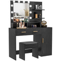 Vanity Desk with Stool, Makeup Vanity Set with 10 LED Bulbs & 3 Open Shelves, Black