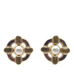 Gold Plated Enamel Maltese Cross and Faux Pearl Push Back Earrings