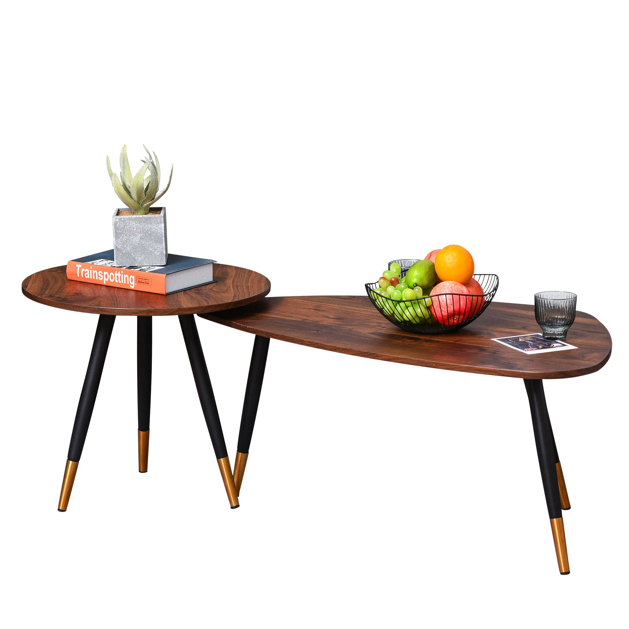 Modern Coffee Table Set of 2, Nesting End Tables with Triangle Stand, Walnut
