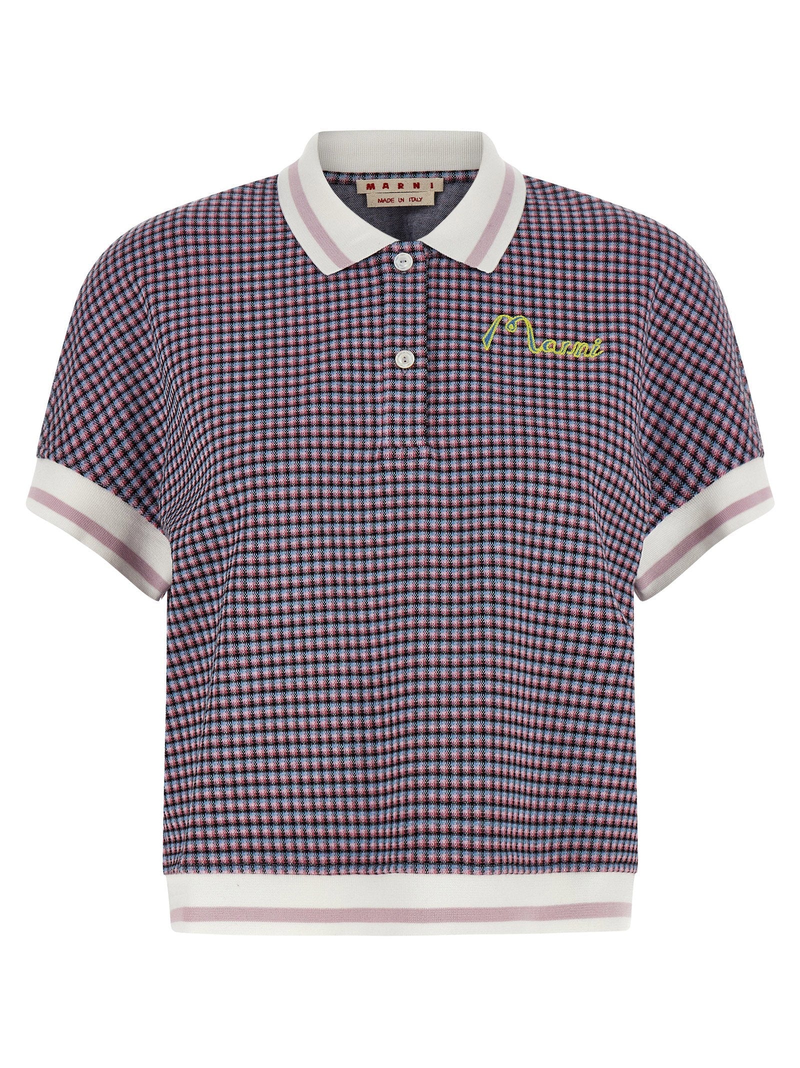 Marni Check-Pattern Viscose Blend Polo — Navy