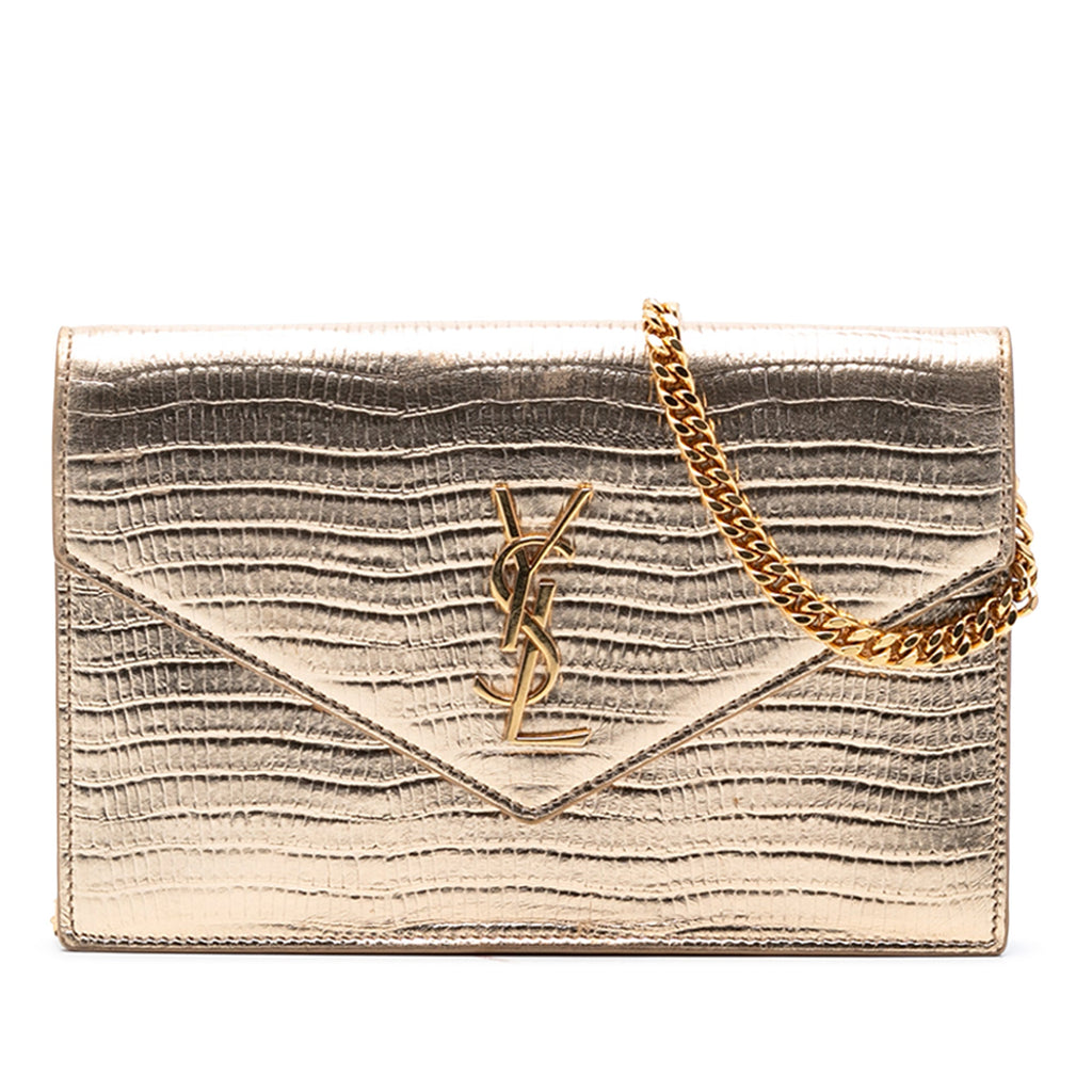 Lizard Embossed Metallic Calfskin Monogram Envelope Chain Wallet