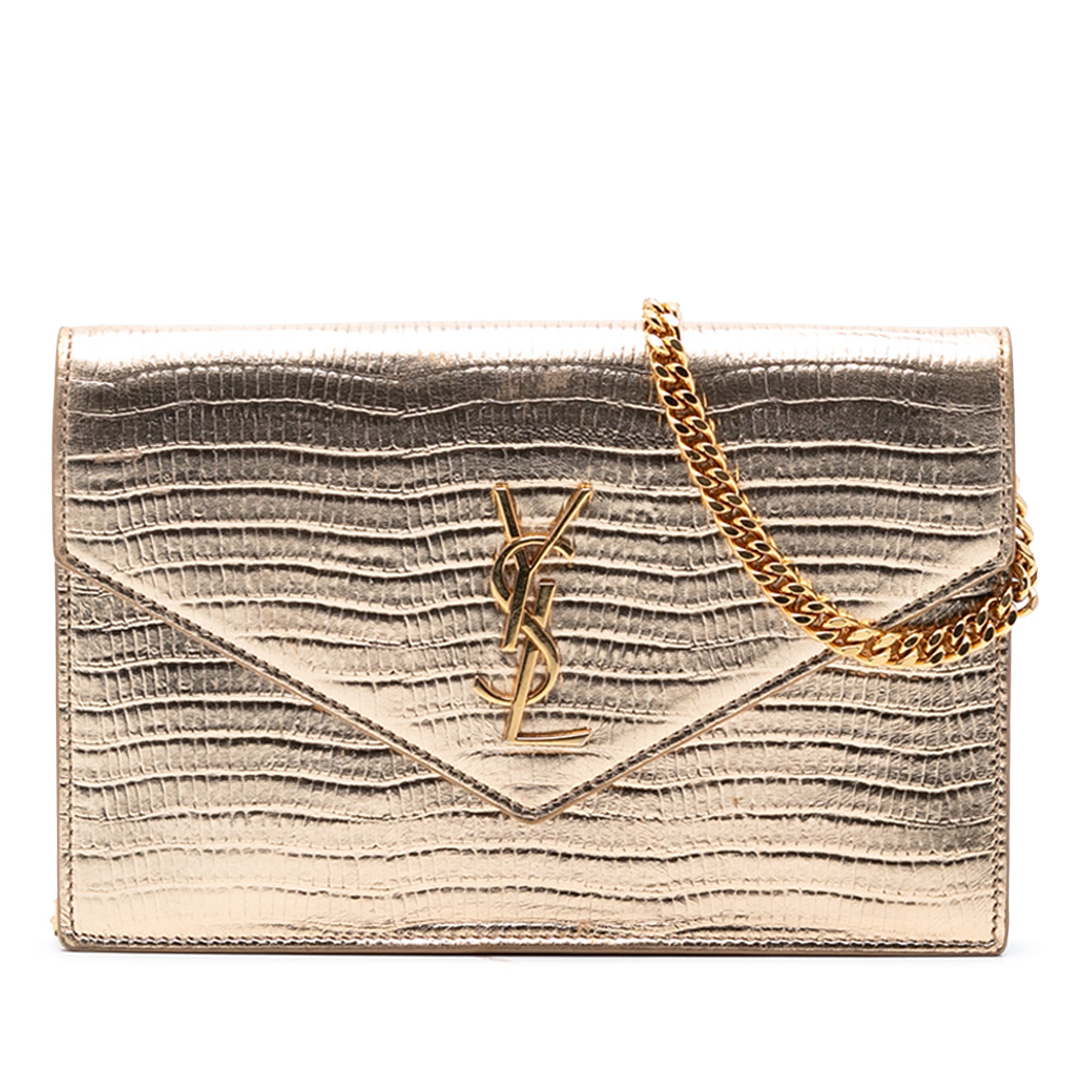Lizard Embossed Metallic Calfskin Monogram Envelope Chain Wallet