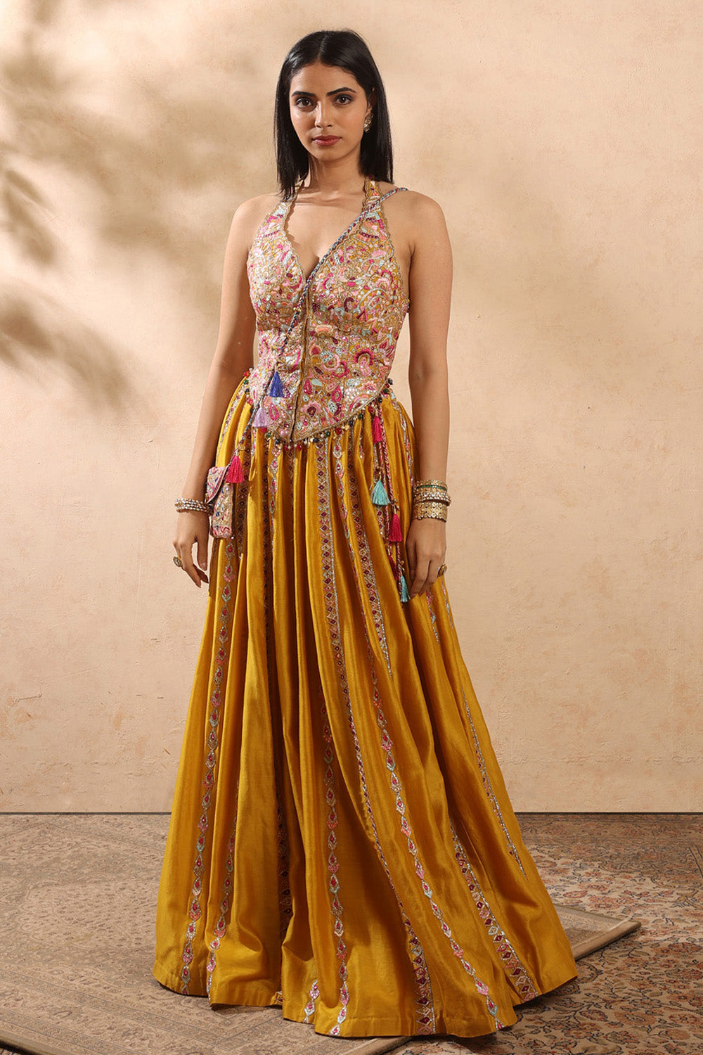 Mustard Corset and Skirt Set By KYNAH, Luxury Indian Fashion & Bridal Wear