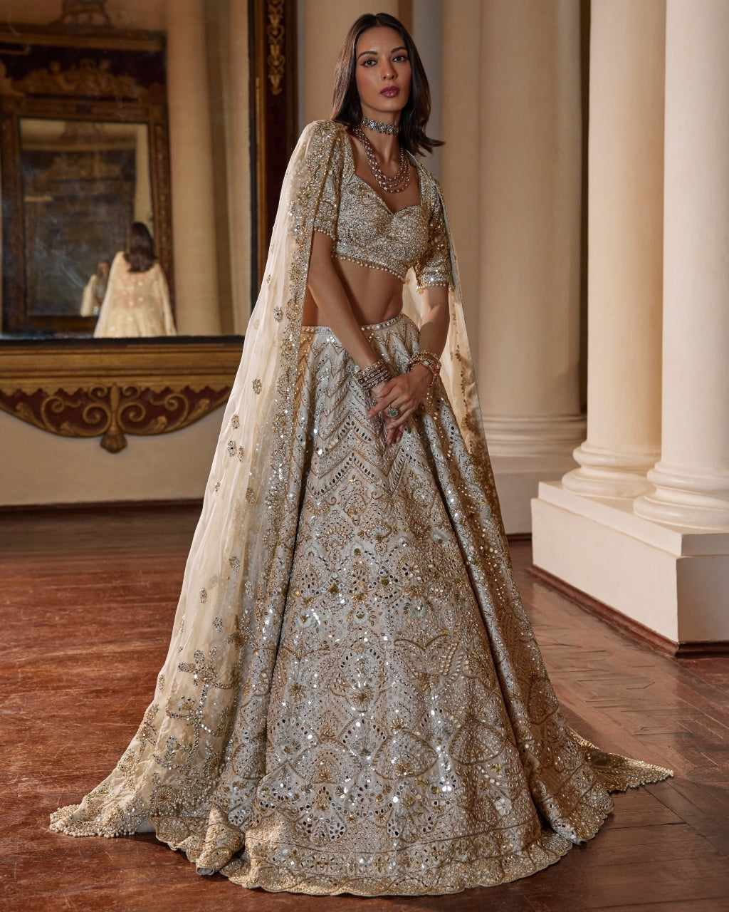 Cream And Green Highlighting Lehenga Set By KYNAH, Luxury Indian Fashion & Bridal Wear