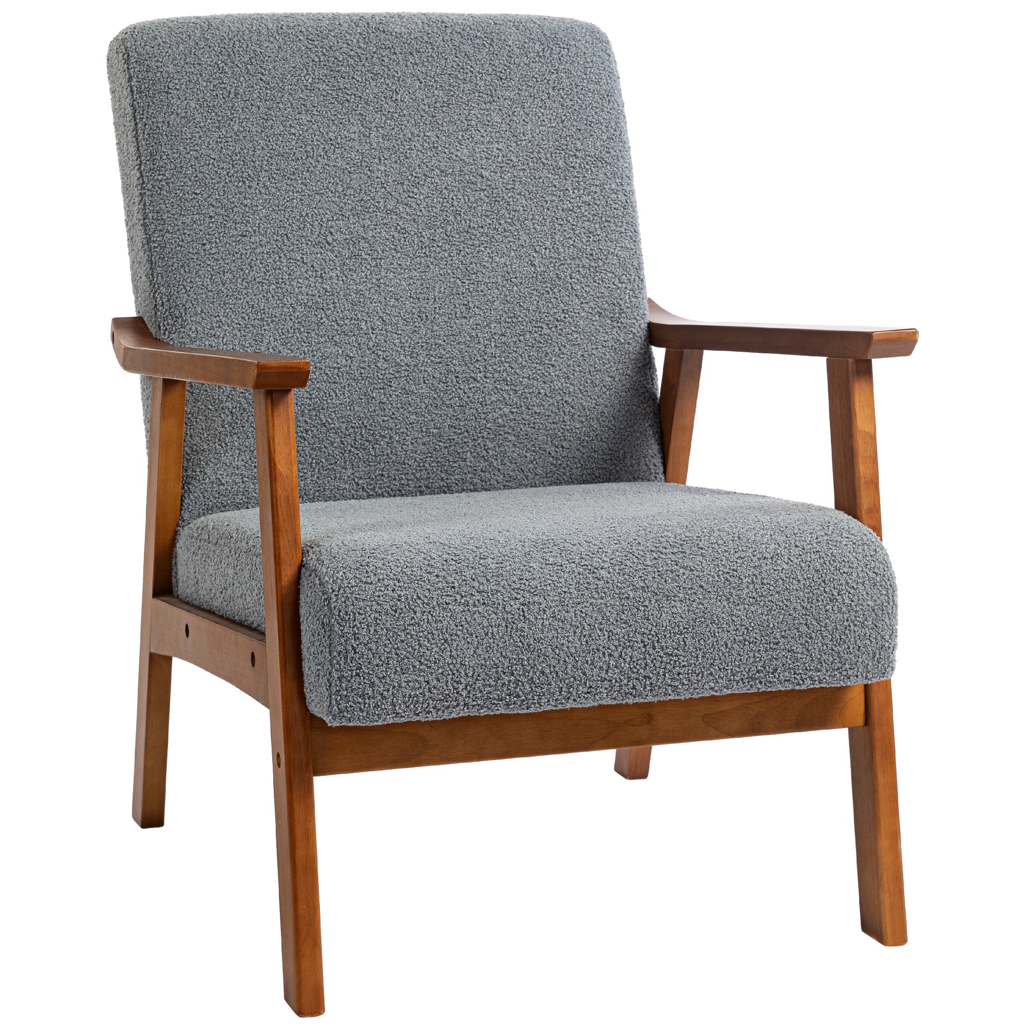 Wide Seat Boucle Accent Chair with Solid Wood Frame & Thick Padding Grey