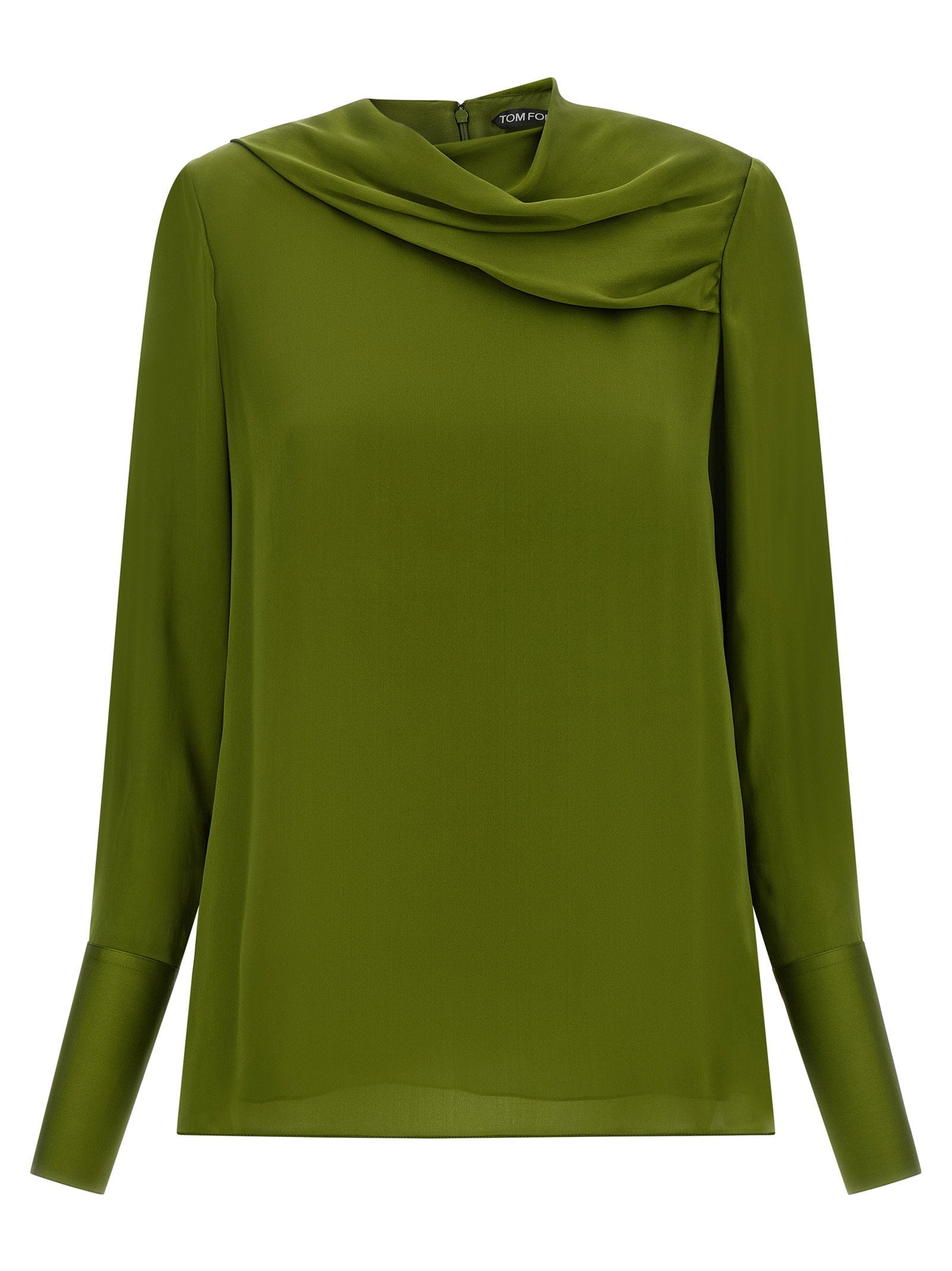Tom Ford Draped Neck Silk Blouse — olive green