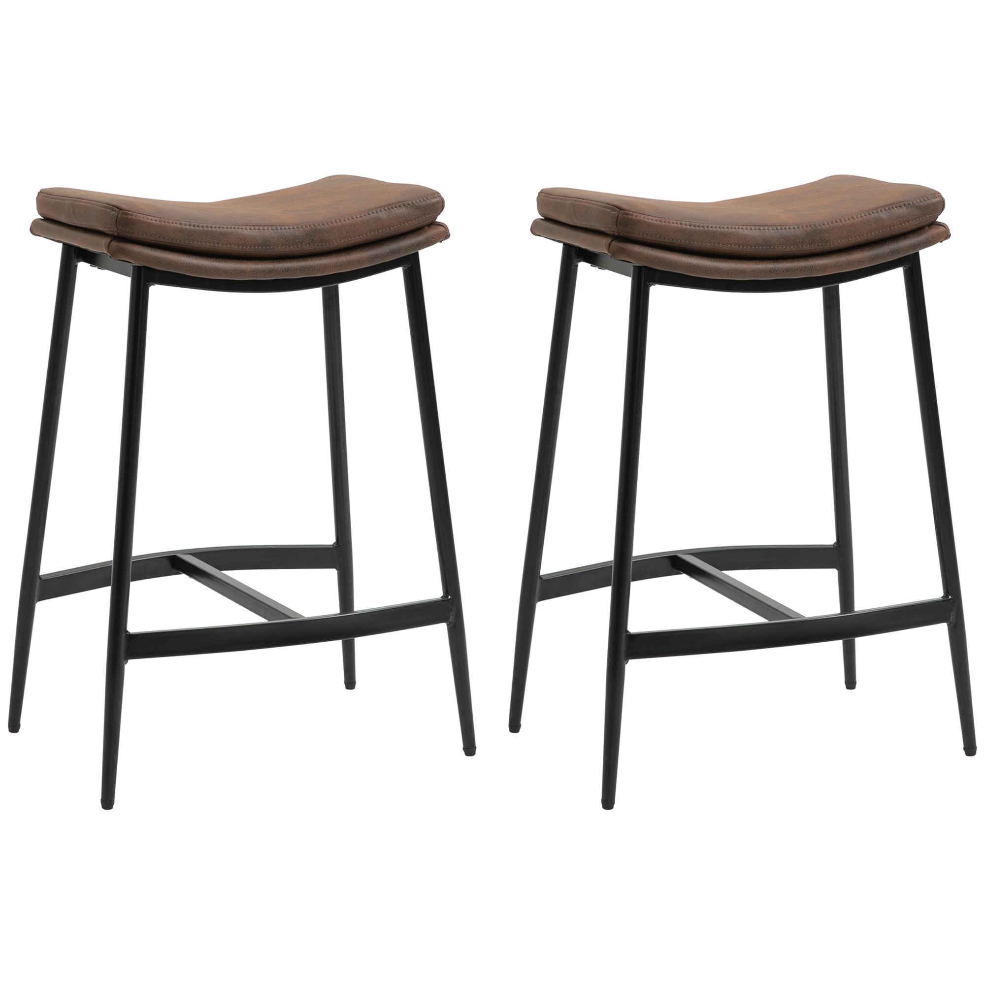 Industrial Bar Stools Set of 2, Microfibre Bar Chairs with Curved Seat, Brown