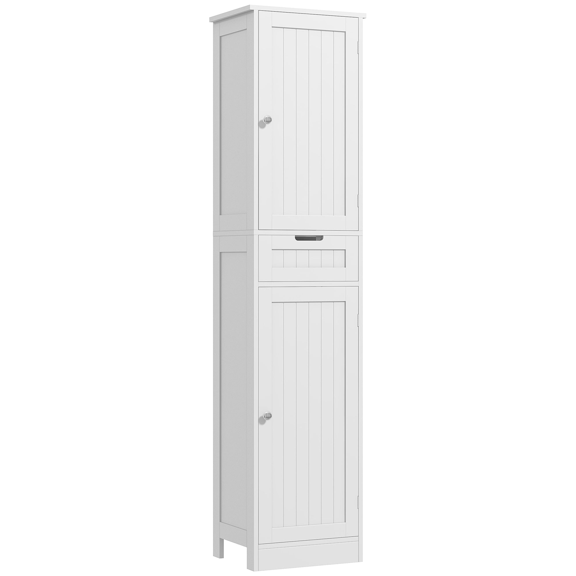 Freestanding Linen Cabinet, 67" Tall Narrow Cabinet w/ Drawer & Adjustable Shelves, White