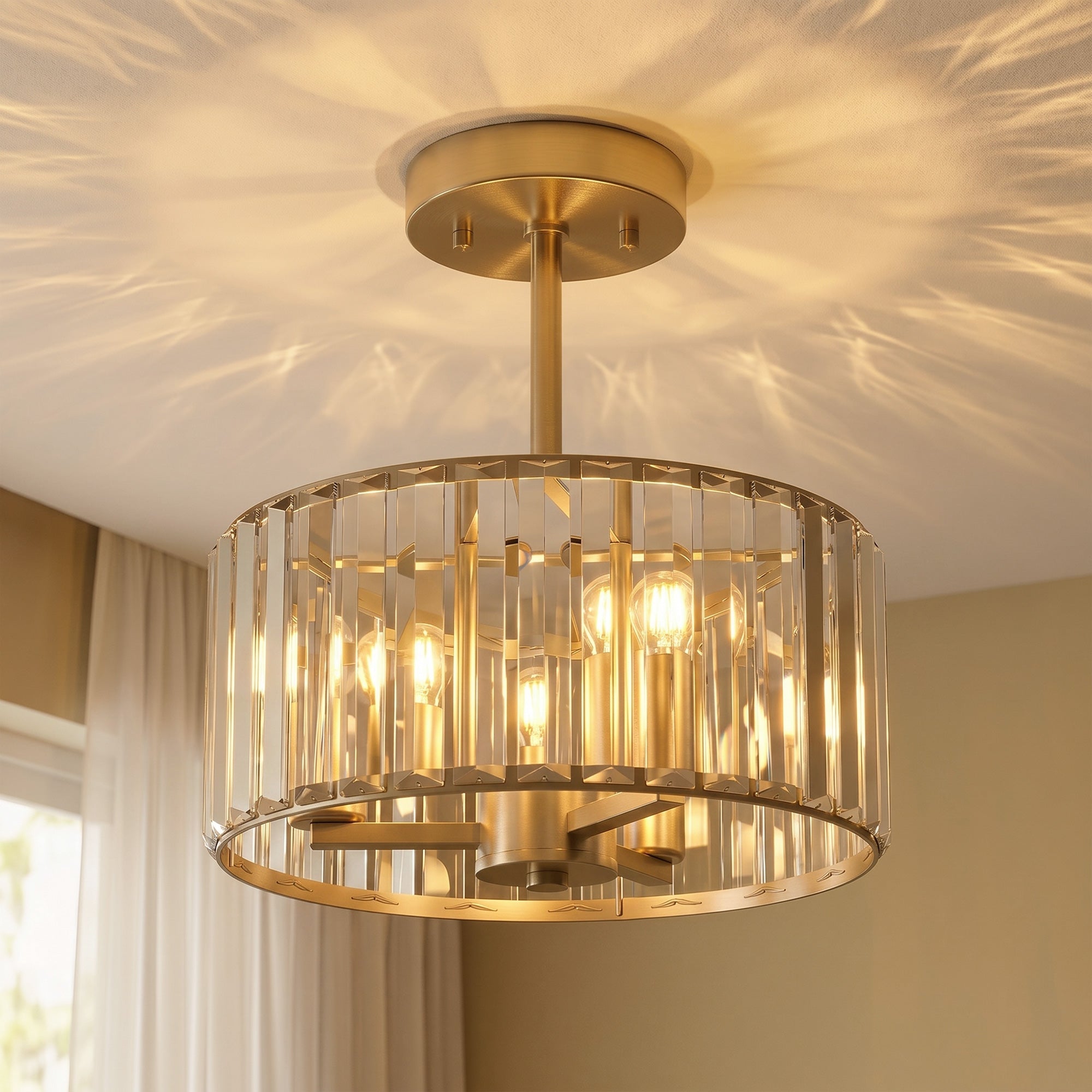 Semi-Flush Modern Crystal Chandelier Ceiling Light with E14 Base - 3-Light Gold Tone Fixture for Living Room & Bedroom
