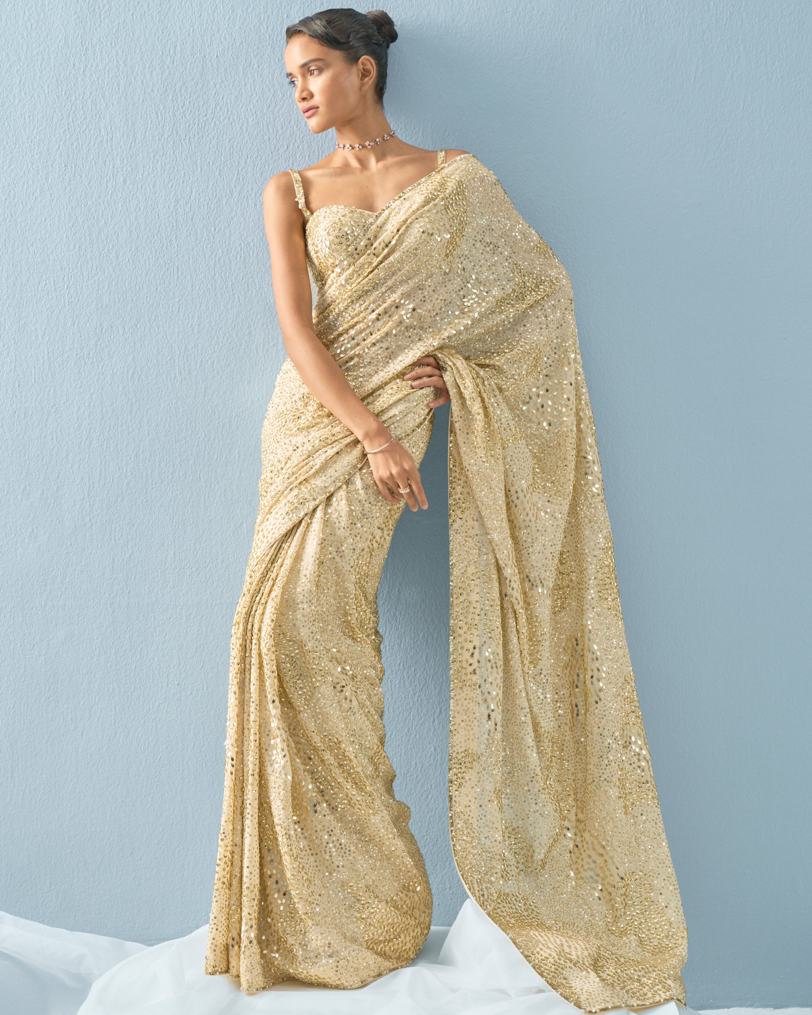 Ivory Georgette Sparkle Sari Set By KYNAH, Luxury Indian Fashion & Bridal Wear