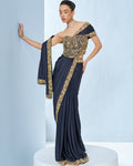 Midnight Blue Satin Sari And Corset Blouse By KYNAH, Luxury Indian Fashion & Bridal Wear