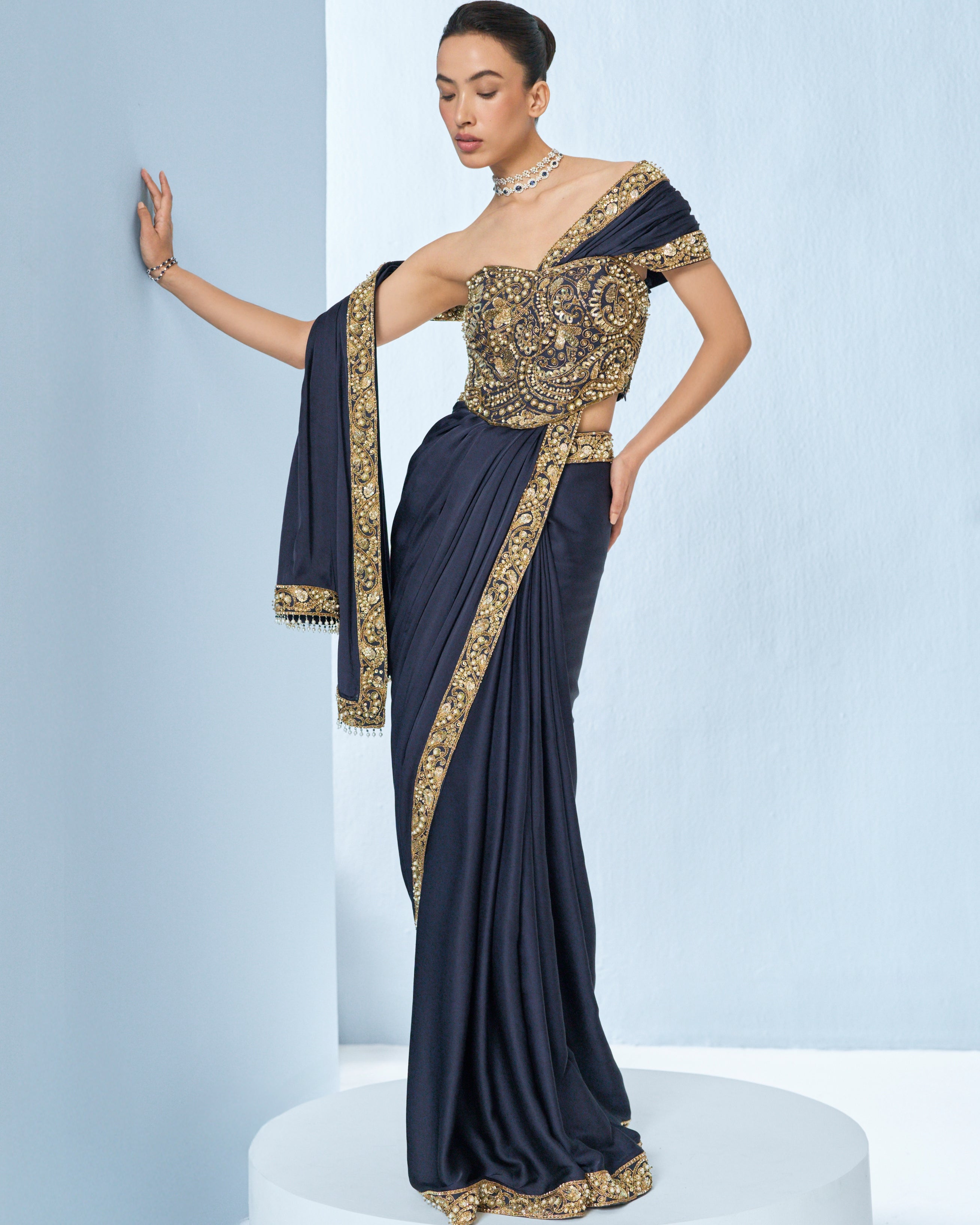 Midnight Blue Satin Sari And Corset Blouse By KYNAH, Luxury Indian Fashion & Bridal Wear