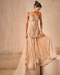 Biscuit Brown Tulle Strappy Gharara Set By KYNAH, Luxury Indian Fashion & Bridal Wear
