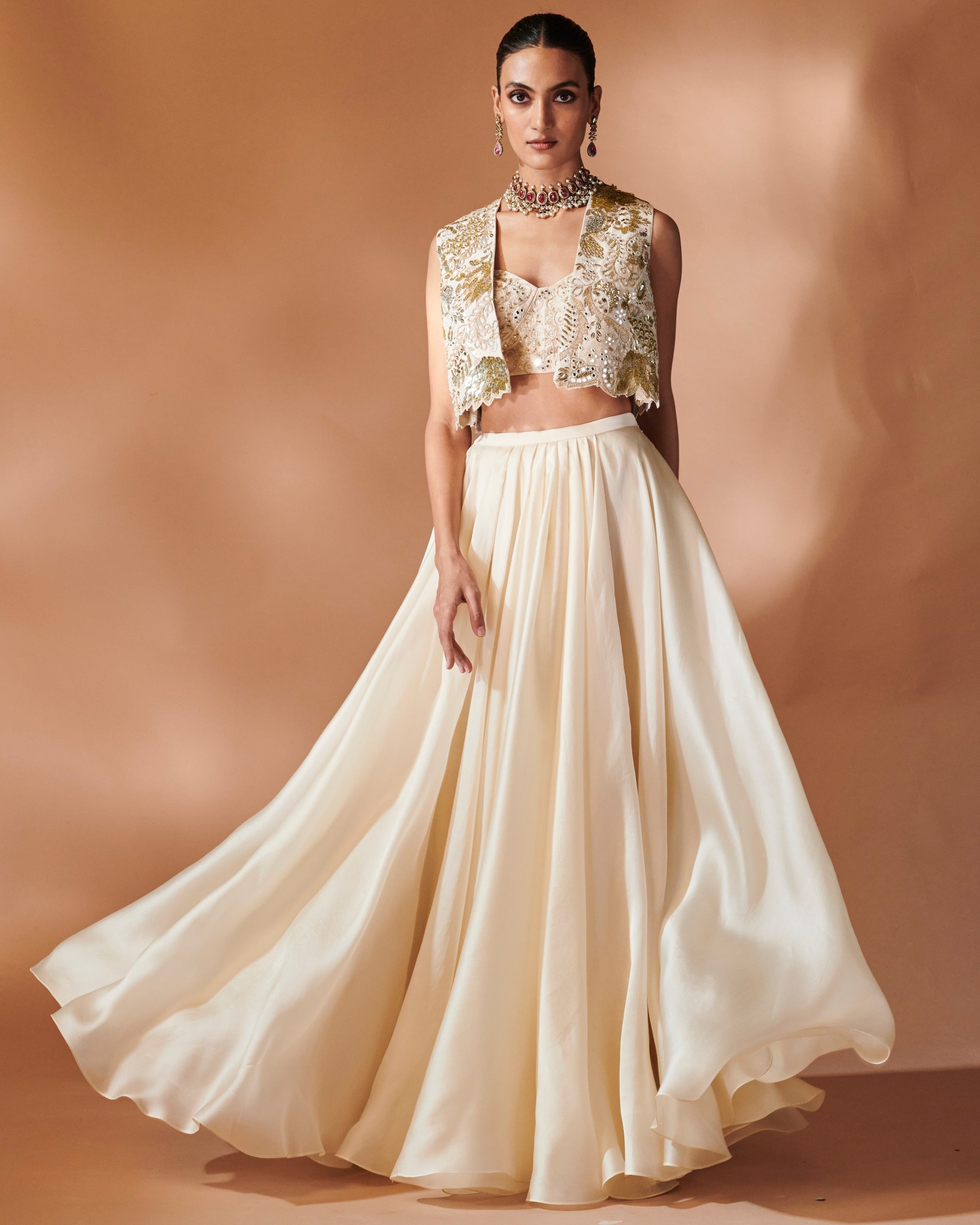 Azra Ivory Organza Skirt With An Embroidered Blouse And Jacket By KYNAH, Luxury Indian Fashion & Bridal Wear