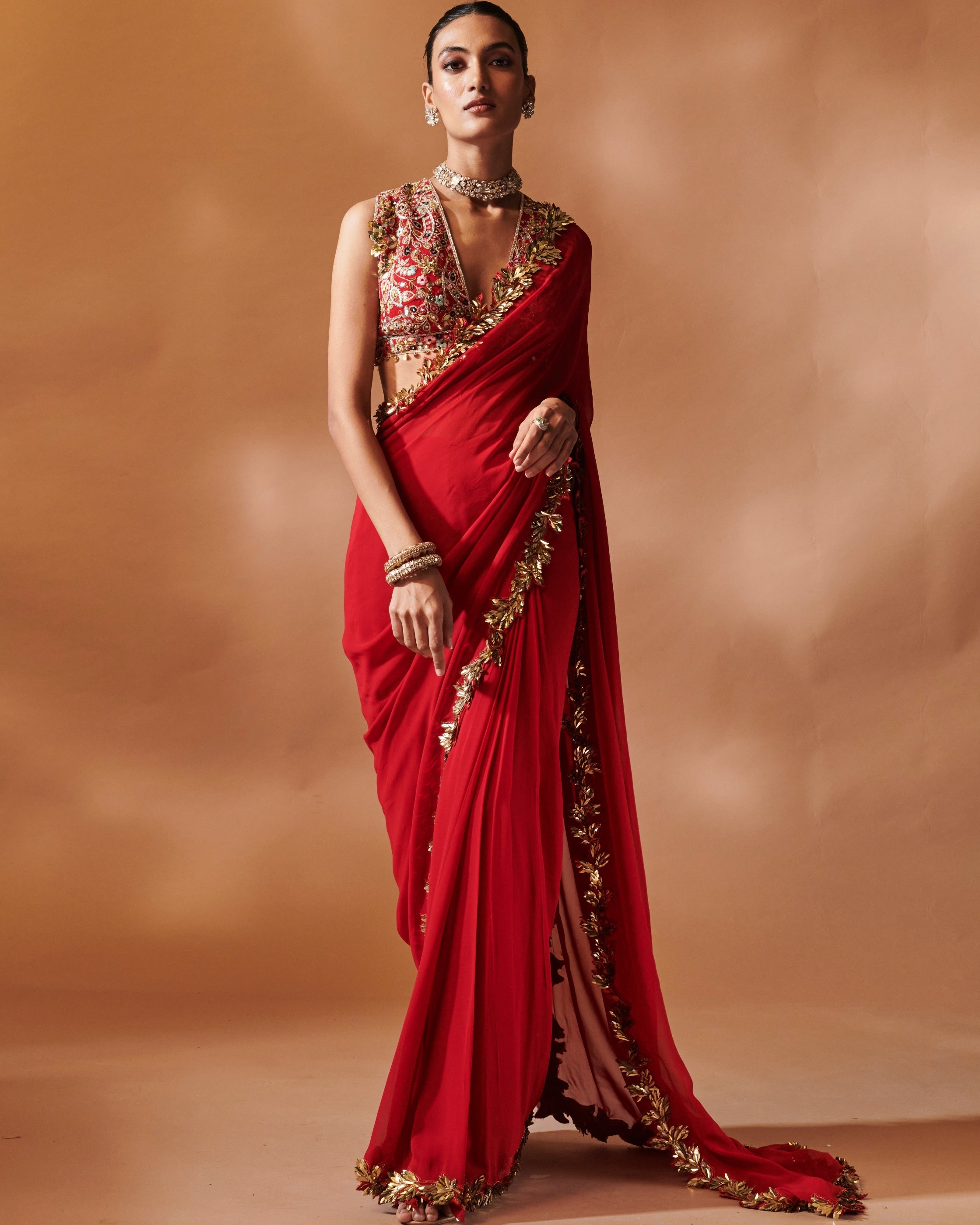 Azra Red And Gold Embroidered Sari Set By KYNAH, Luxury Indian Fashion & Bridal Wear