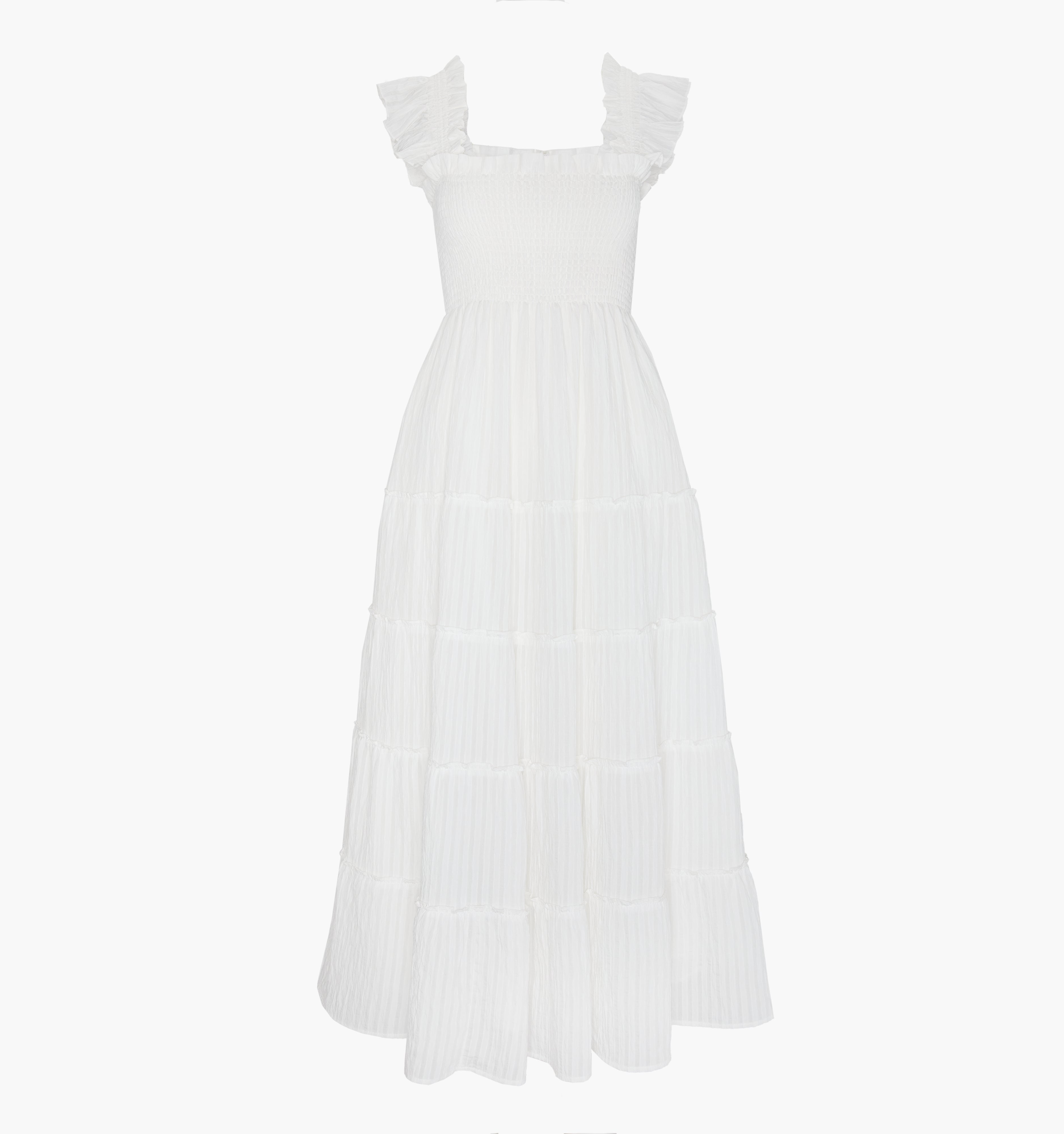 The Ellie Maxi Nap Dress / White Tonal Seersucker  By Hill House Home