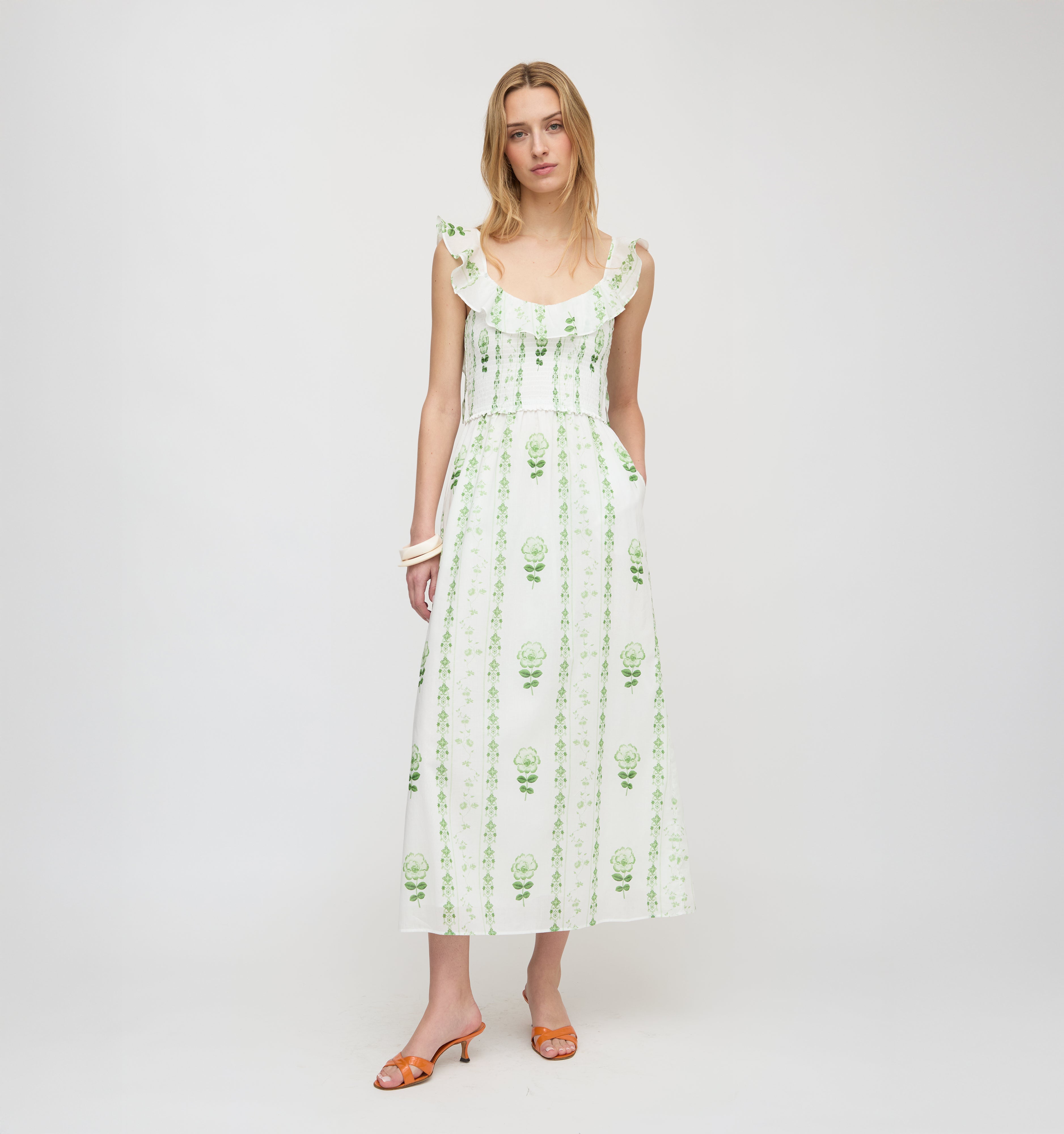 The Cambria Nap Dress / White/Green Arcadia Border  By Hill House Home