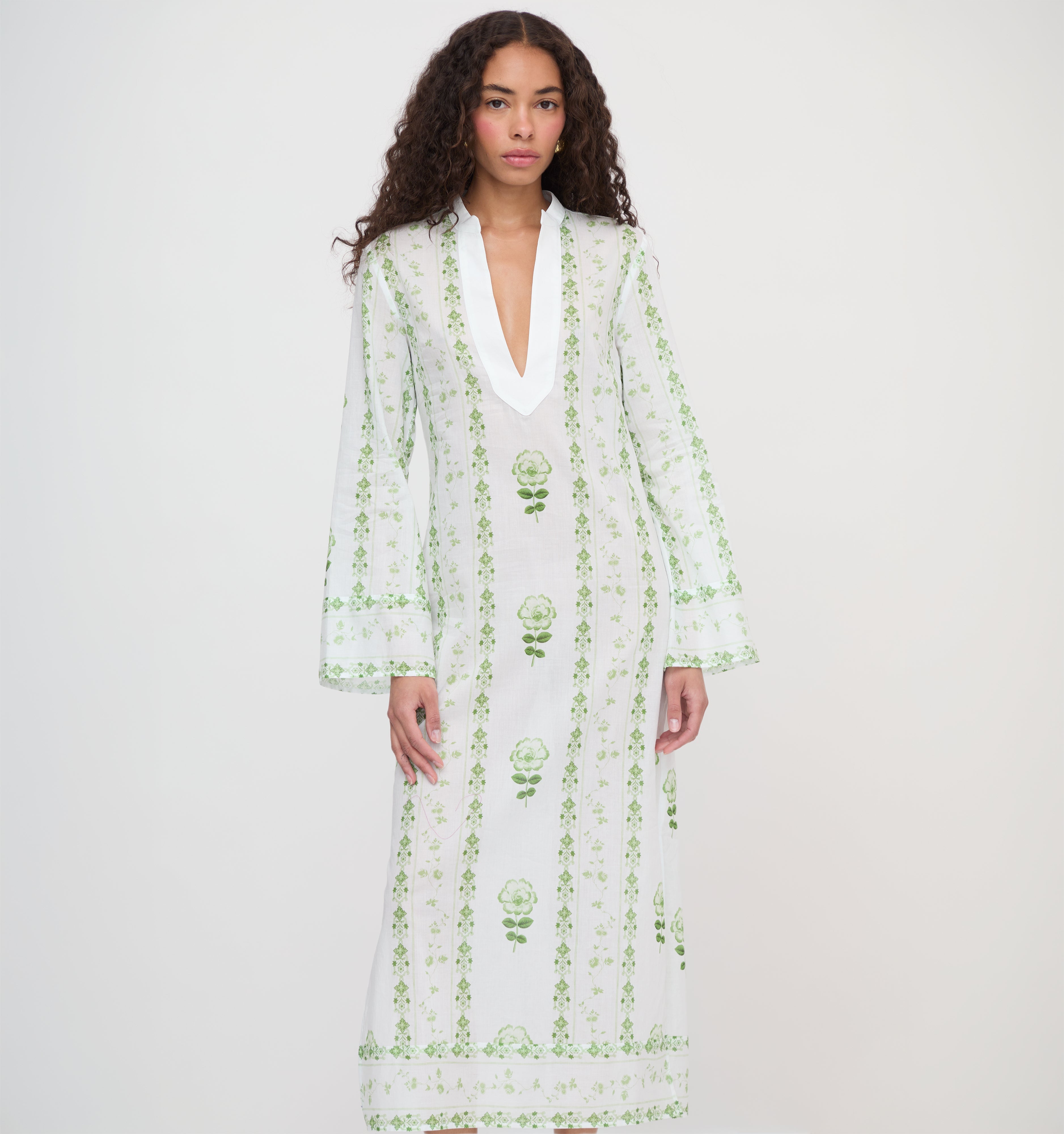 The Sorina Mini Tunic / Maxi White/Green Arcadia Border   By Hill House Home