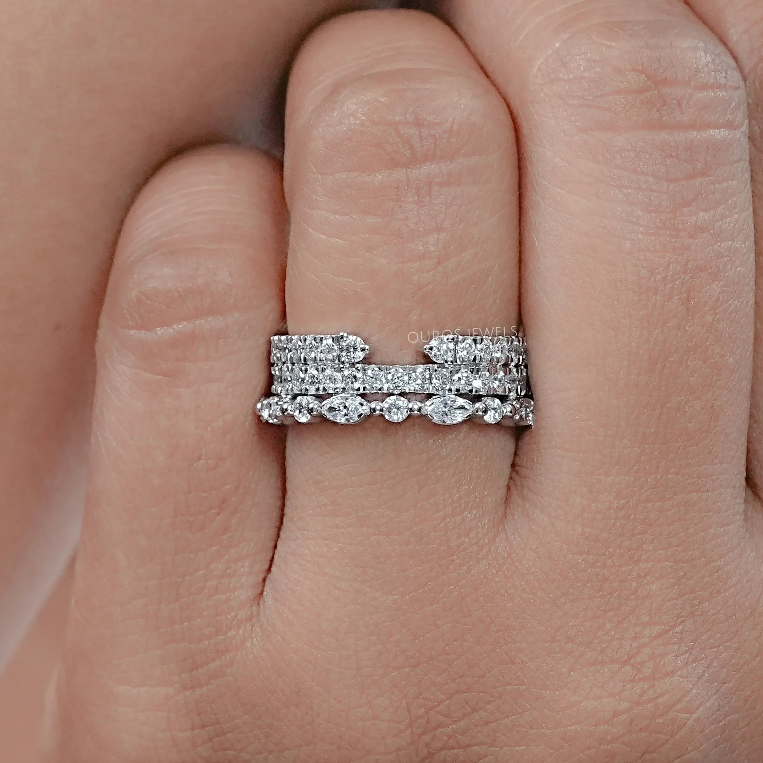 Three Row Round and Marquise Cut Half Eternity Band