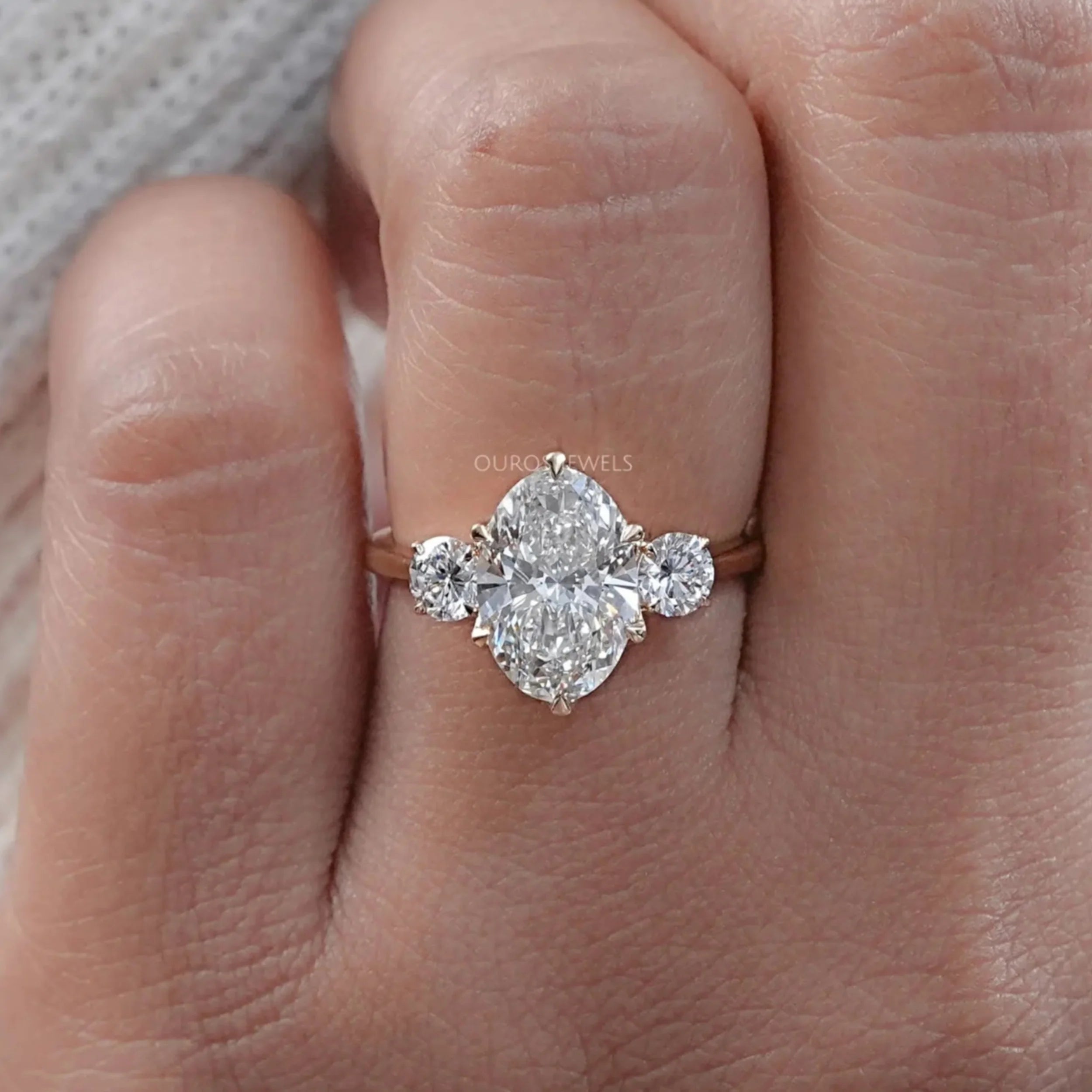 Three Stone Oval Cut Lab Grown Diamond Engagement Ring