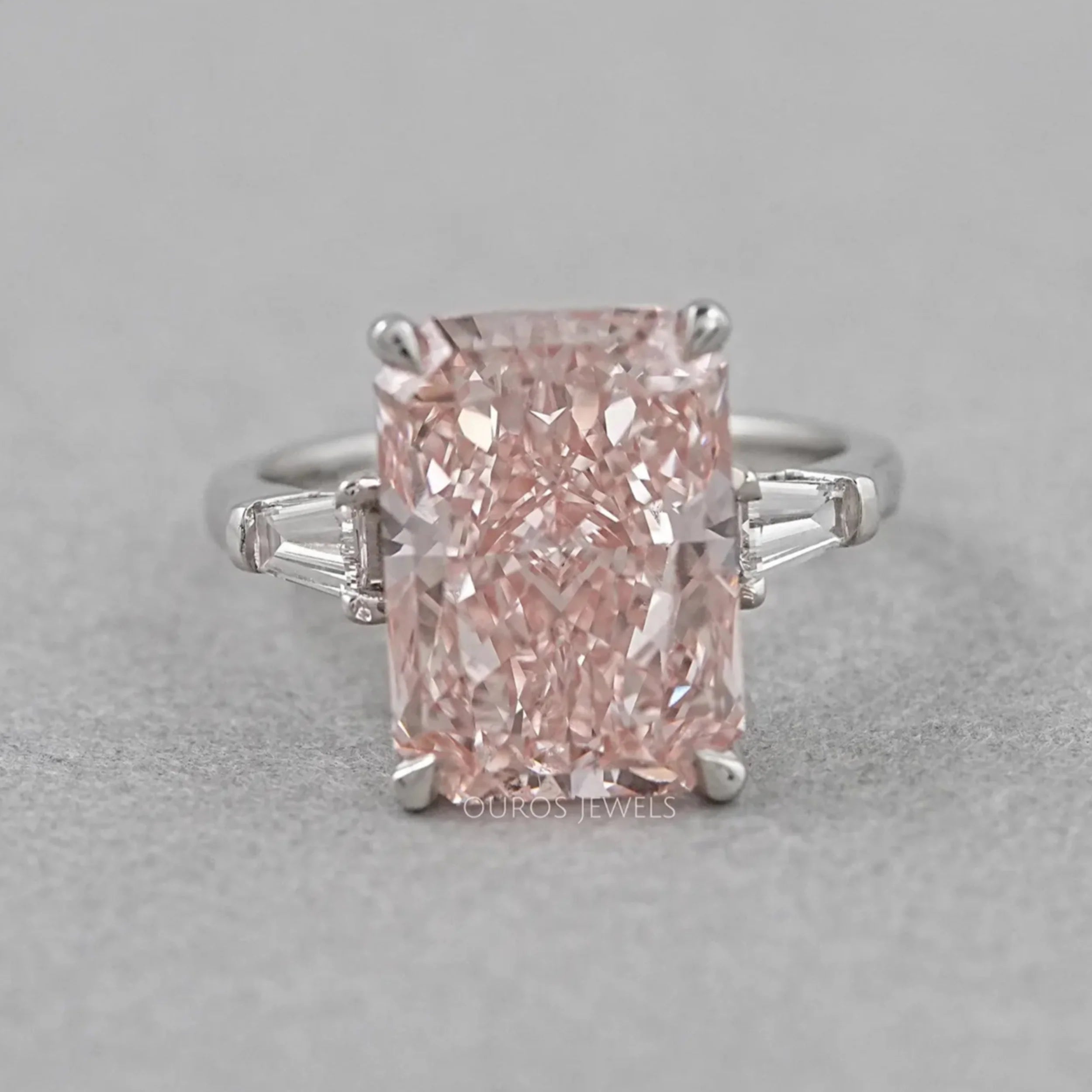 Pink Radiant Cut Lab Diamond Three Stone Ring