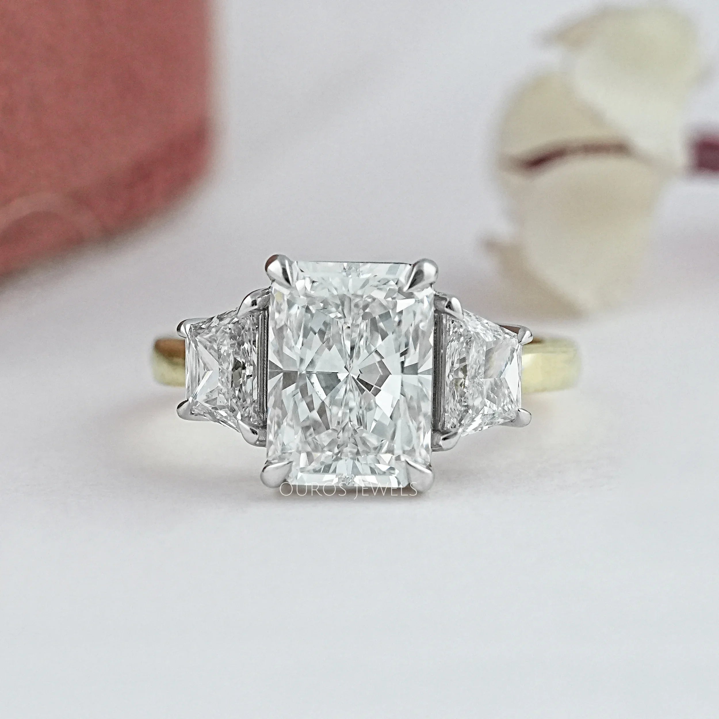 Three Stone Radiant And Trapezoid Lab Diamond Ring