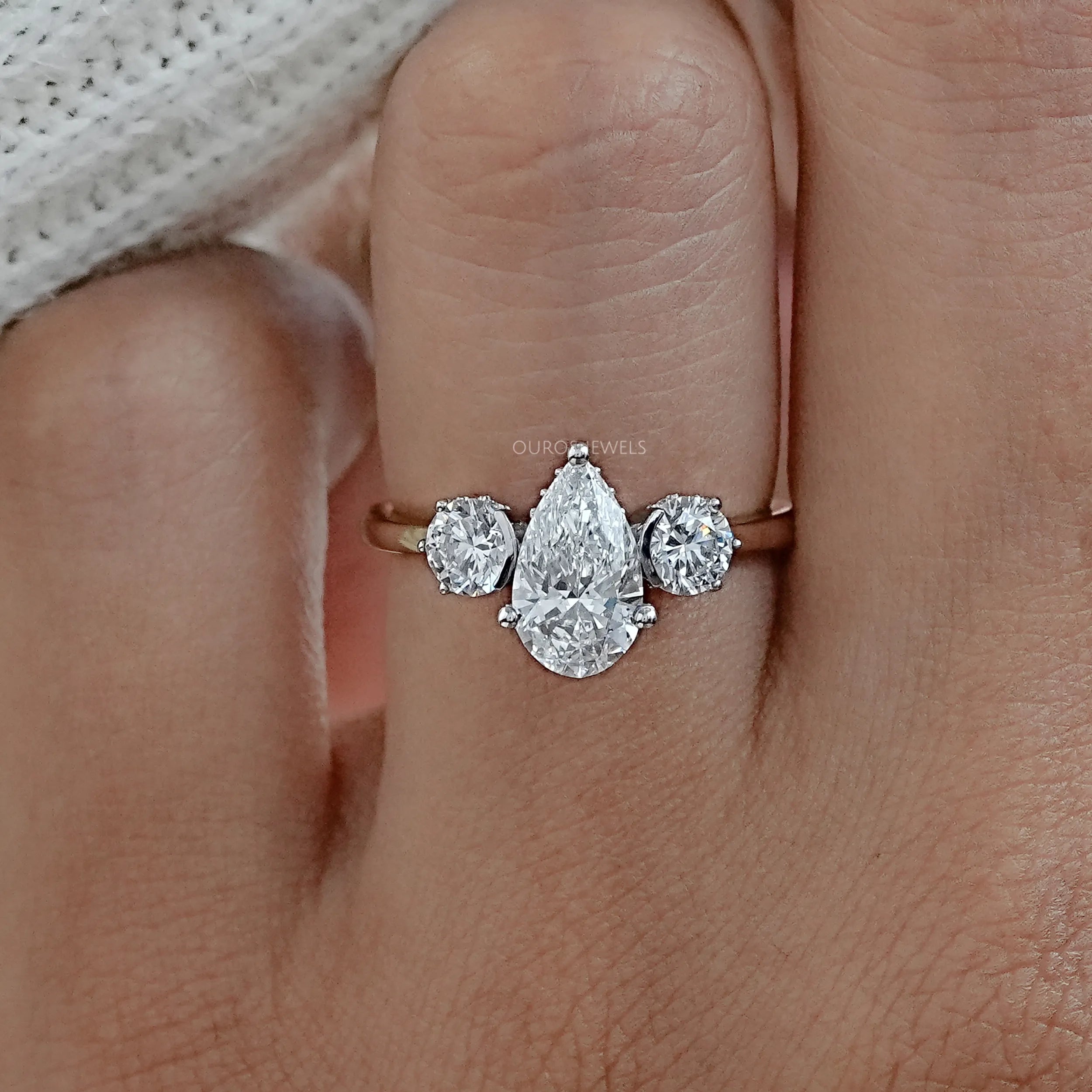 Three Stone Pear Diamond Hidden Halo Engagement Ring