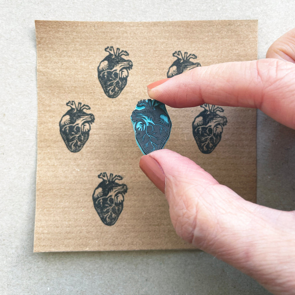 Tiny human heart hand carved rubber stamp