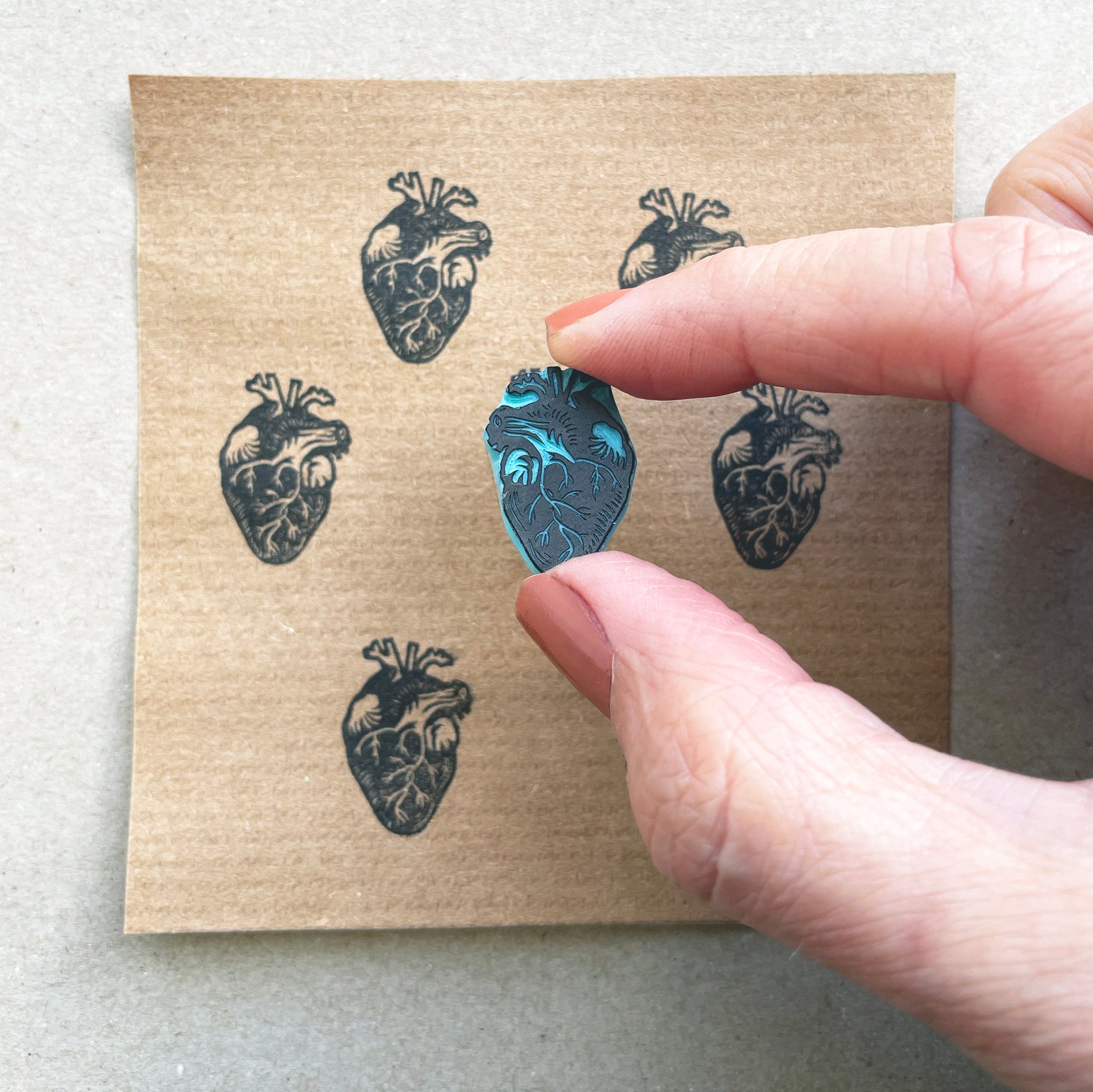 Tiny human heart hand carved rubber stamp