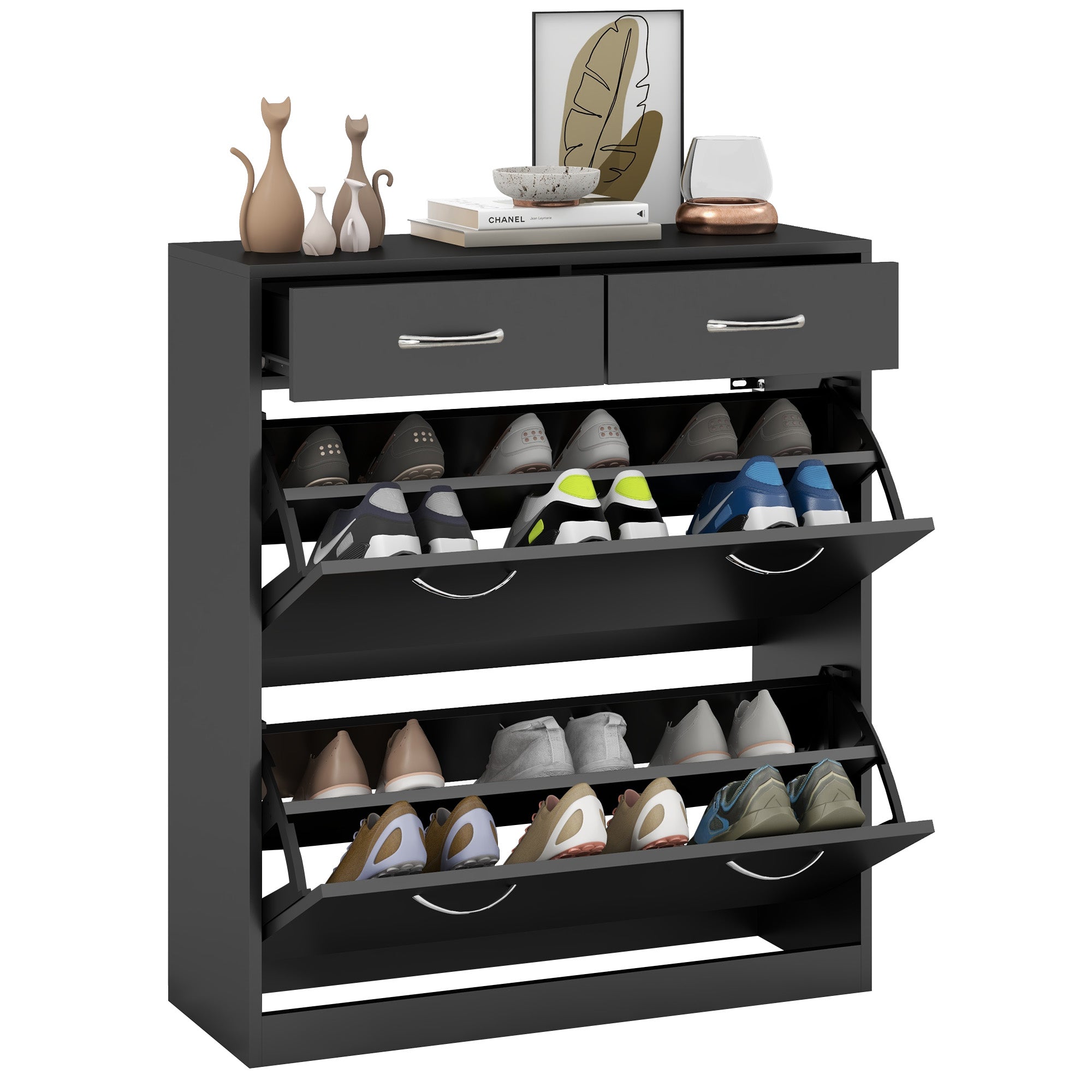 Narrow Shoe Organizer Cabinet with 2 Flip Drawers, 2 Slide Out Drawers for 12 Pairs, Black